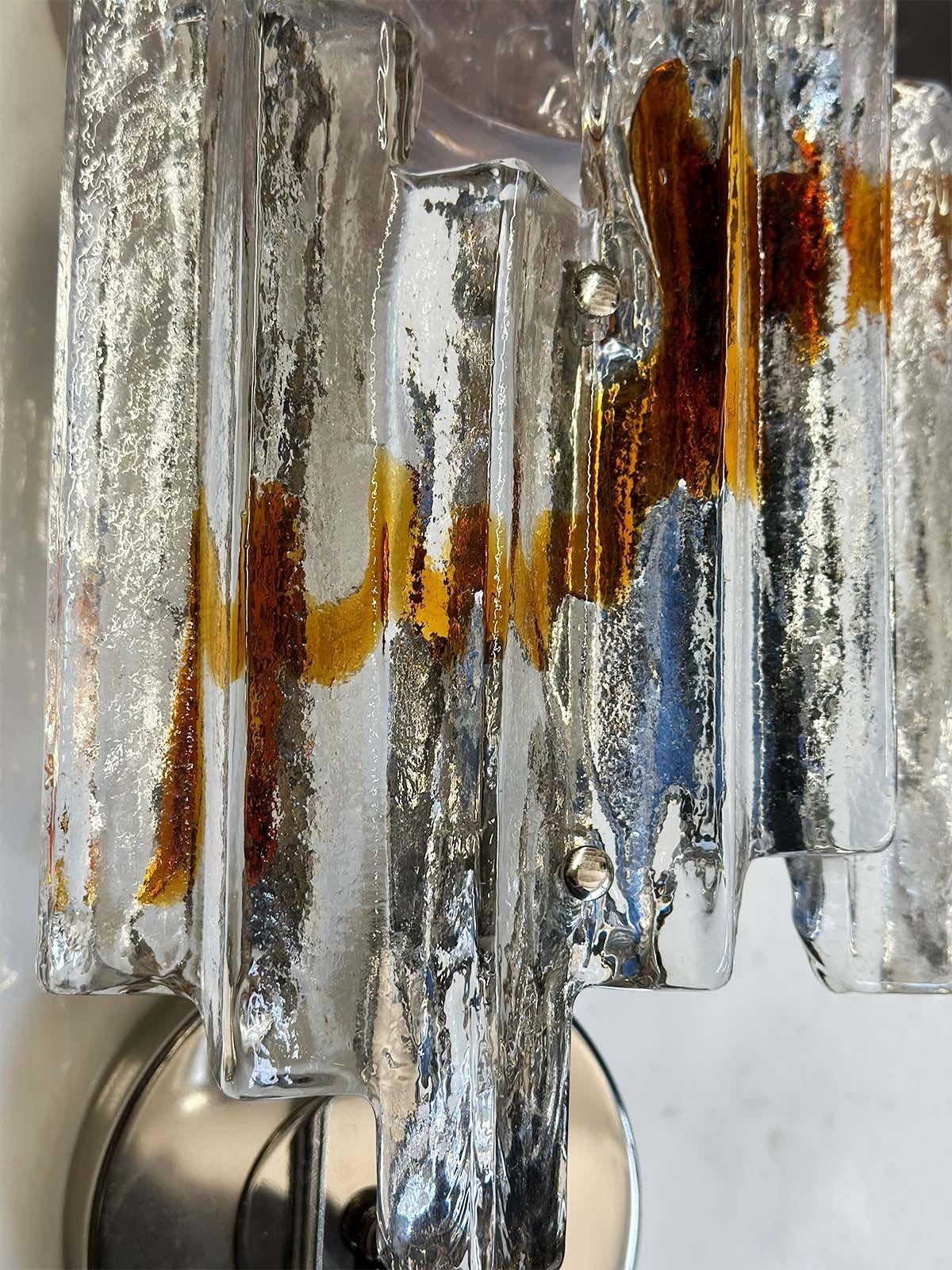Italian Pair of Clear & Amber Murano Glass Sconces, c. 1960's For Sale