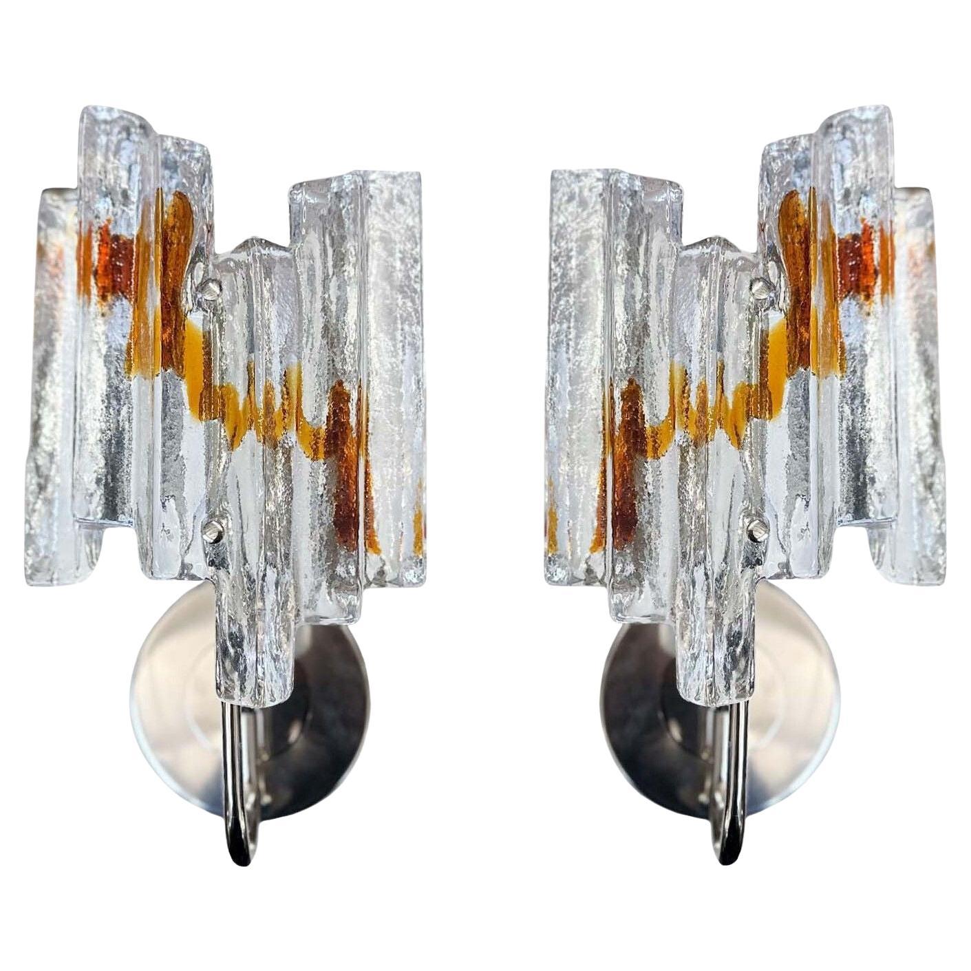 Pair of Clear & Amber Murano Glass Sconces, c. 1960's For Sale