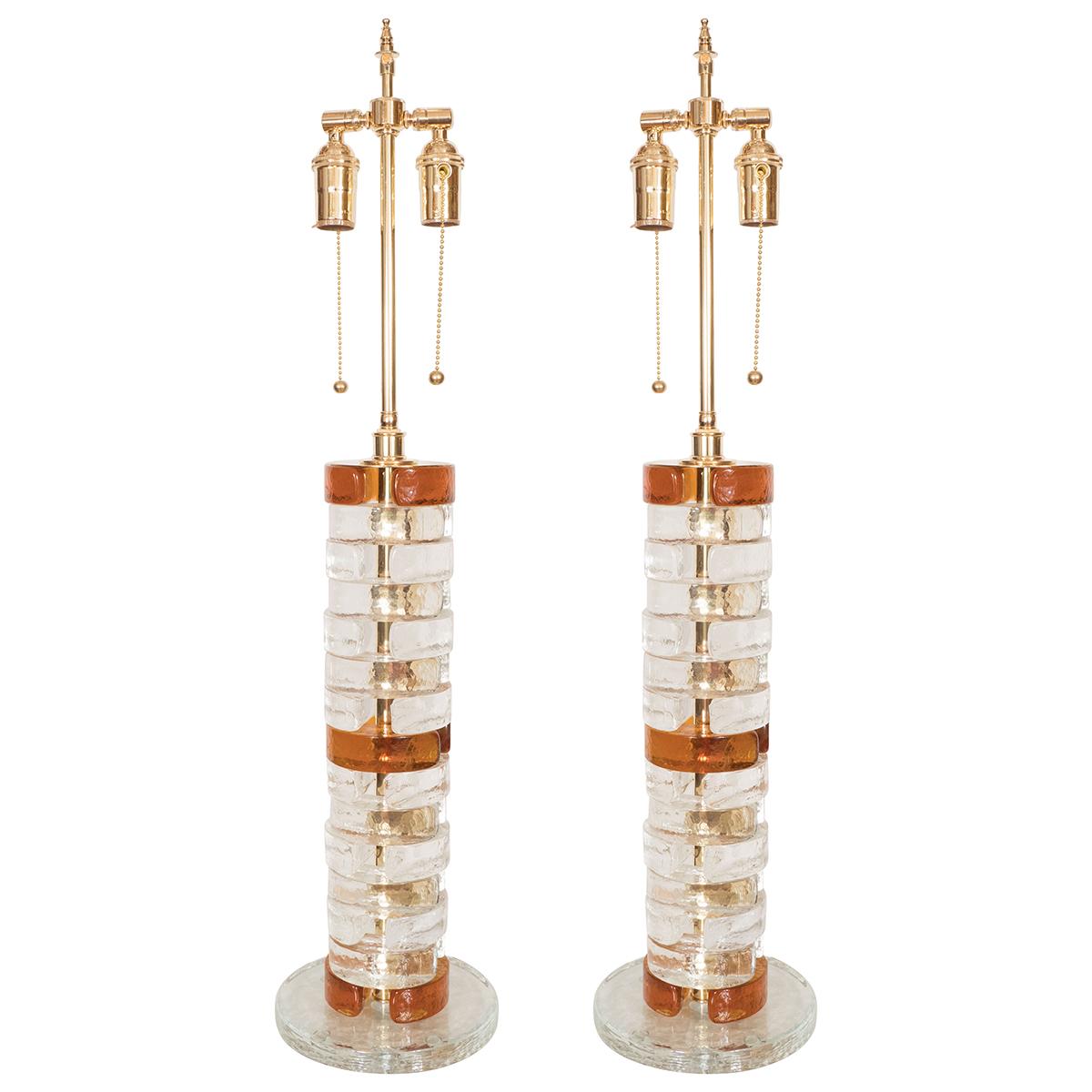 Pair of Clear and Amber Glass Lamps