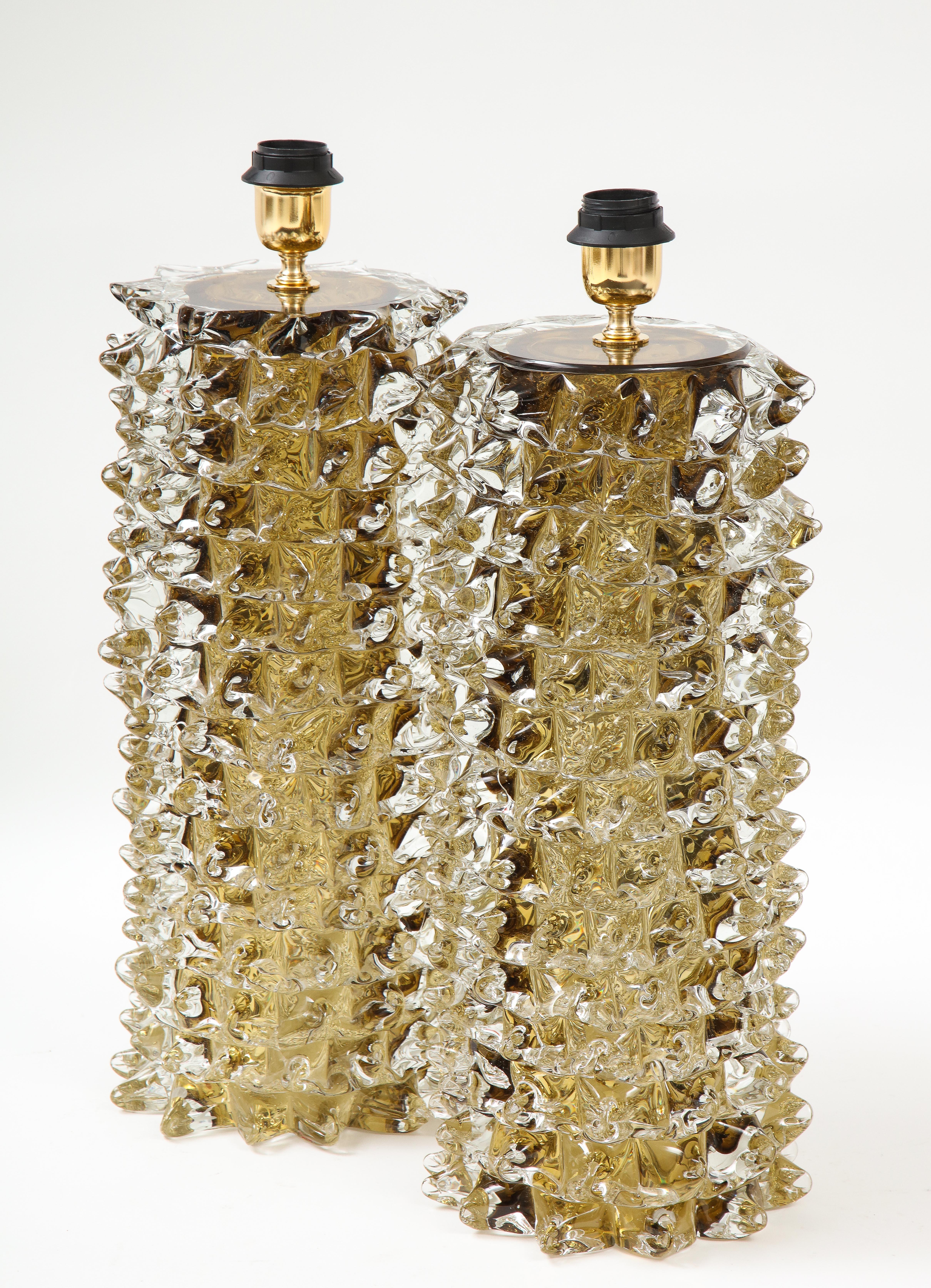Pair of Clear and Amber Rostrato Murano Glass Lamps by Toso, Italy, 2022, Signed In New Condition In New York, NY