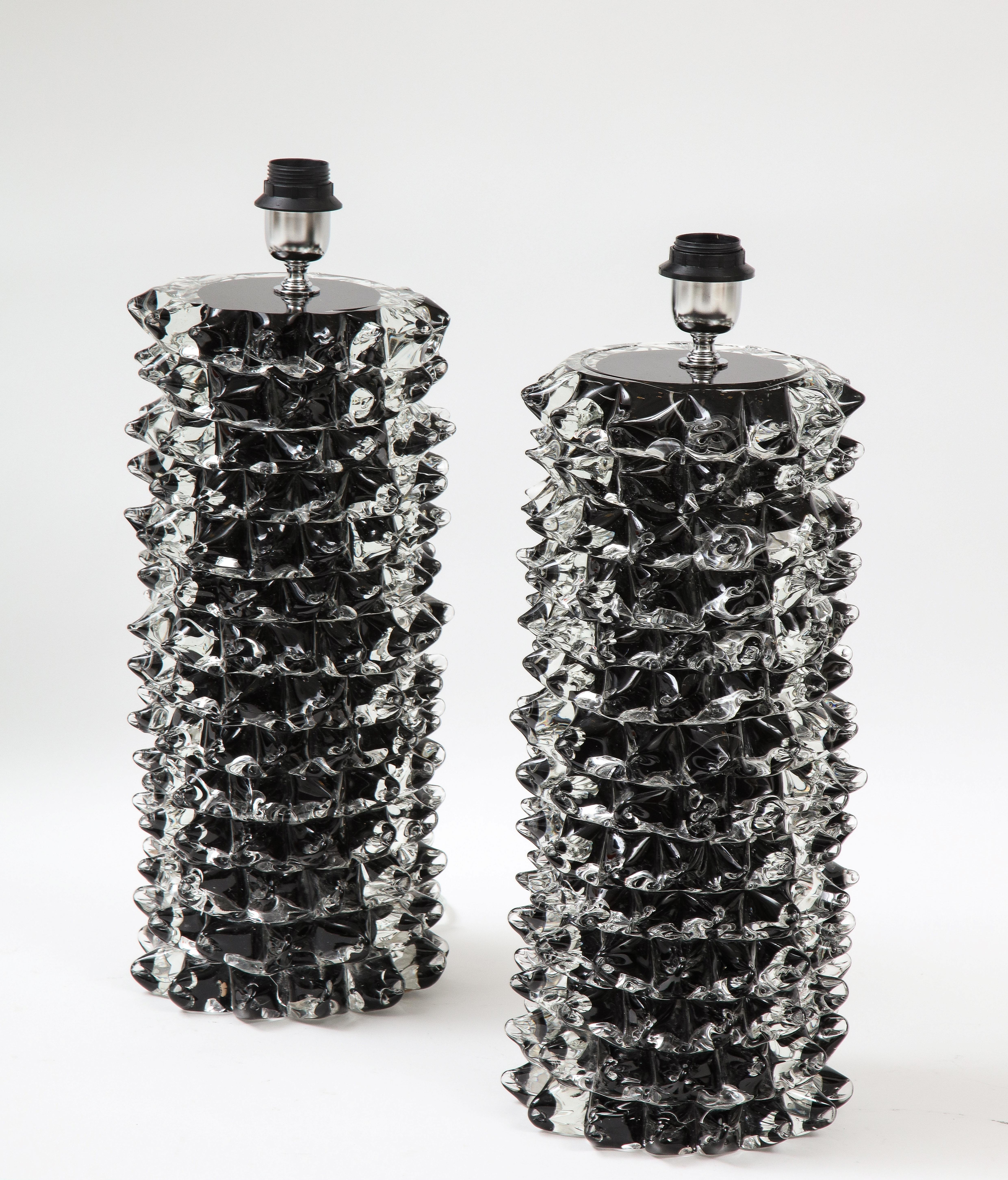 Contemporary Pair of Clear and Black Rostrato Murano Glass Lamps by Toso, Italy, 2022, Signed