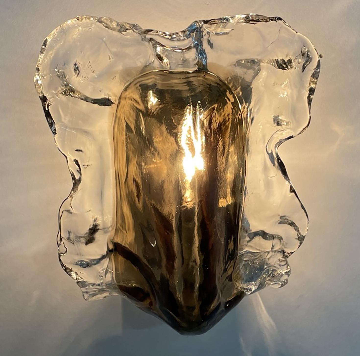 Art Glass Pair of Clear and Brown Glass Wall Lights by J.T. Kalmar, 1960
