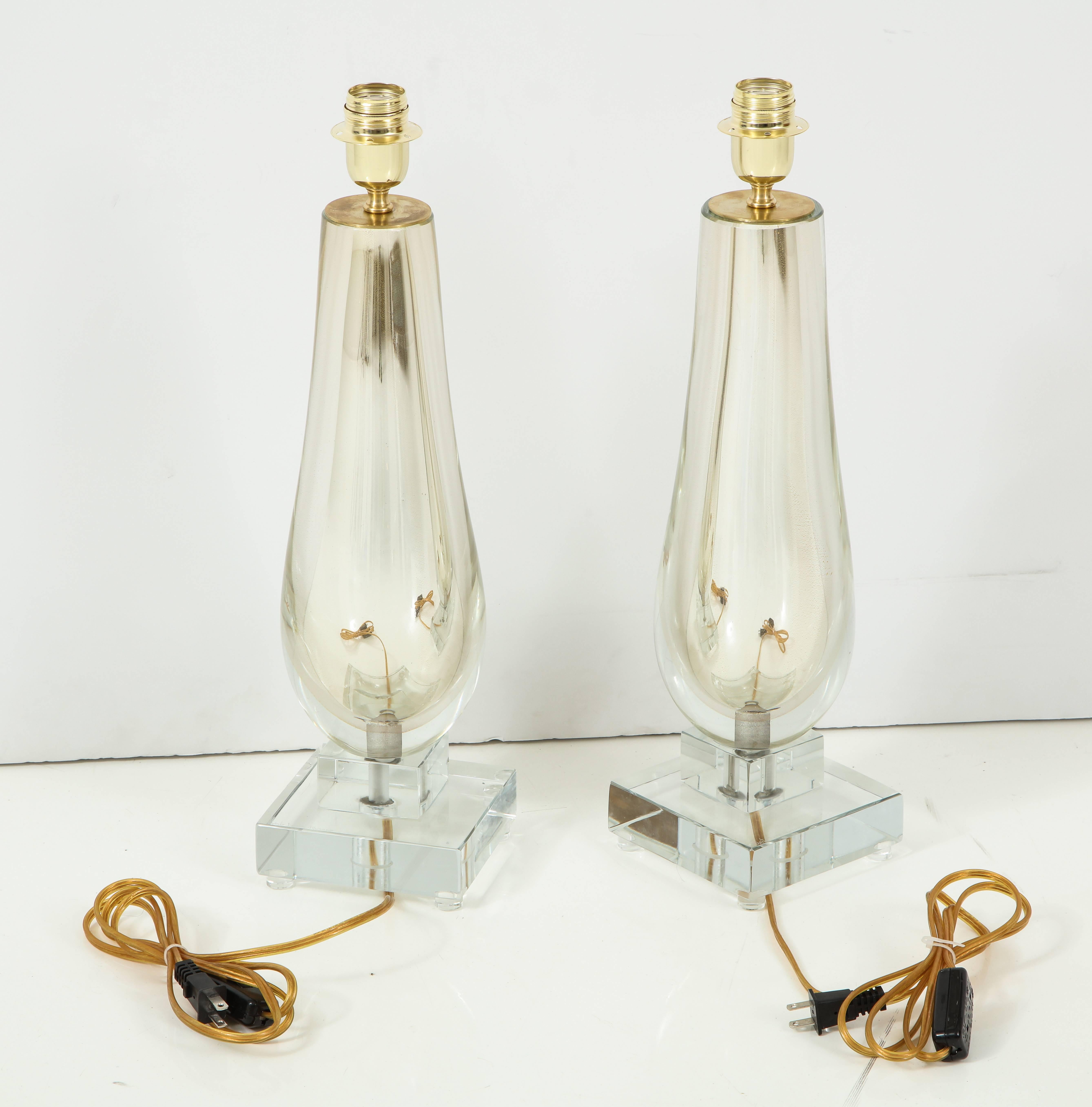 Pair of Clear and Gold Mirrored Murano Glass Lamps, Italy 3