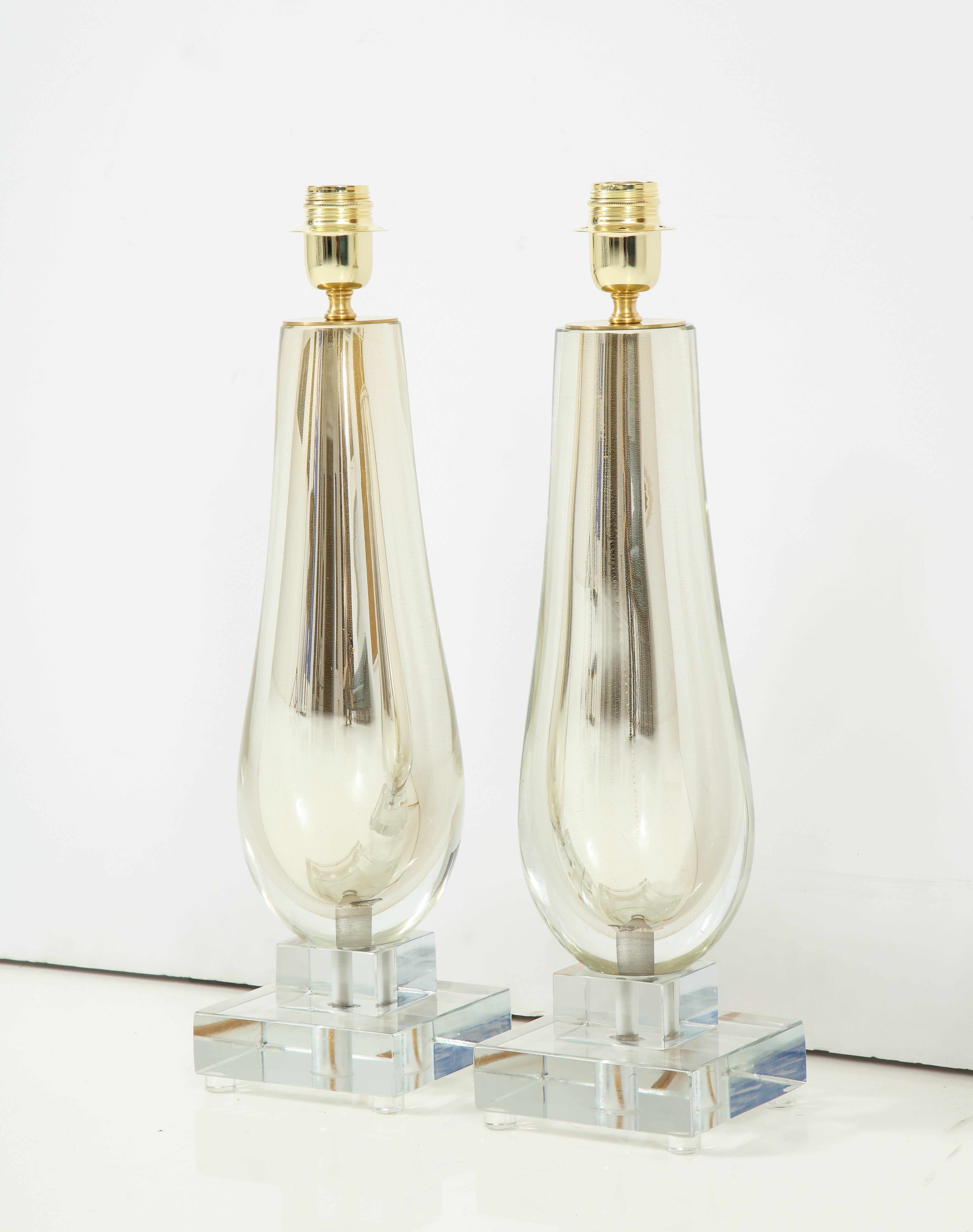Mid-Century Modern Pair of Clear and Gold Mirrored Murano Glass Lamps, Italy