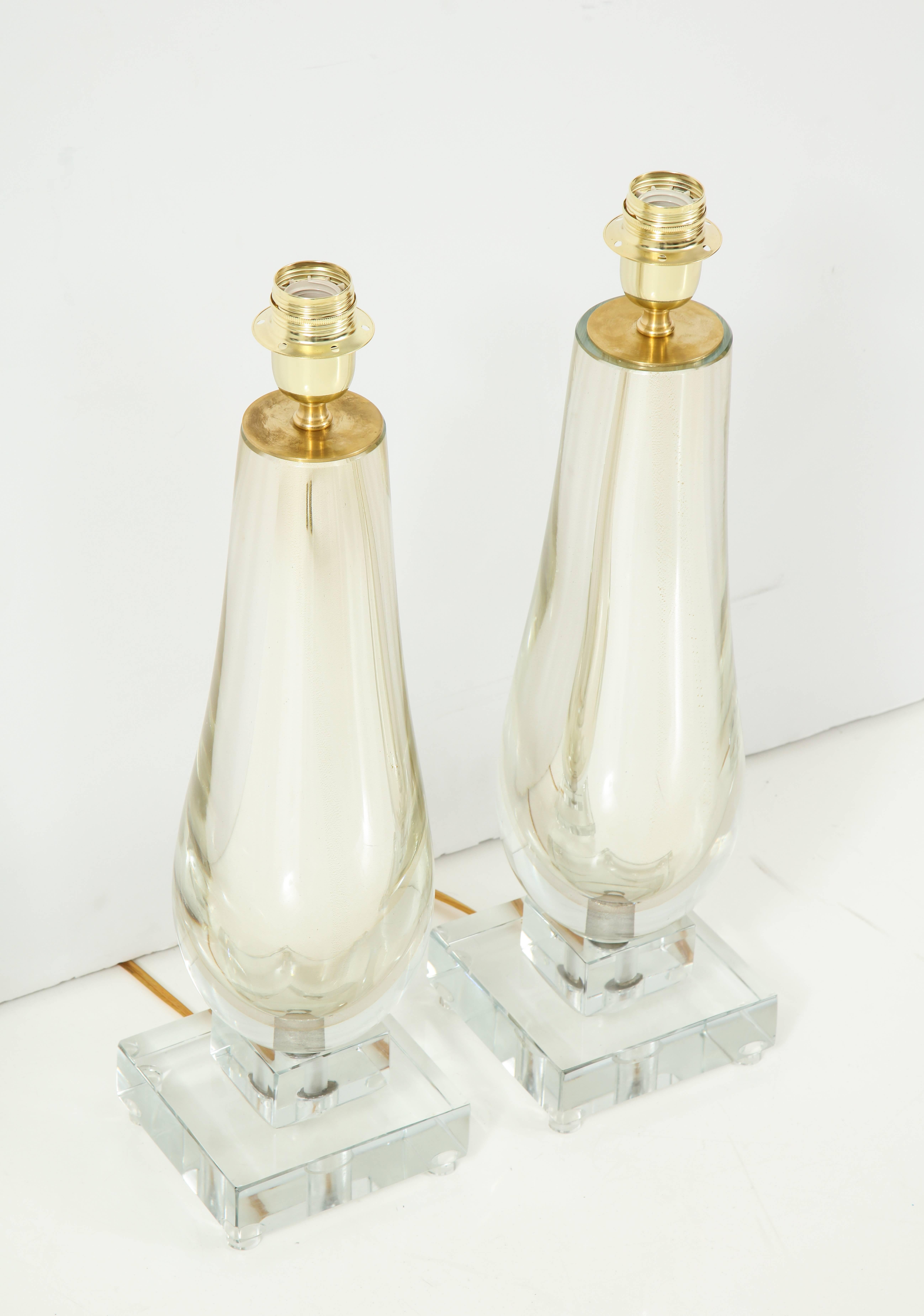 Pair of Clear and Gold Mirrored Murano Glass Lamps, Italy 1