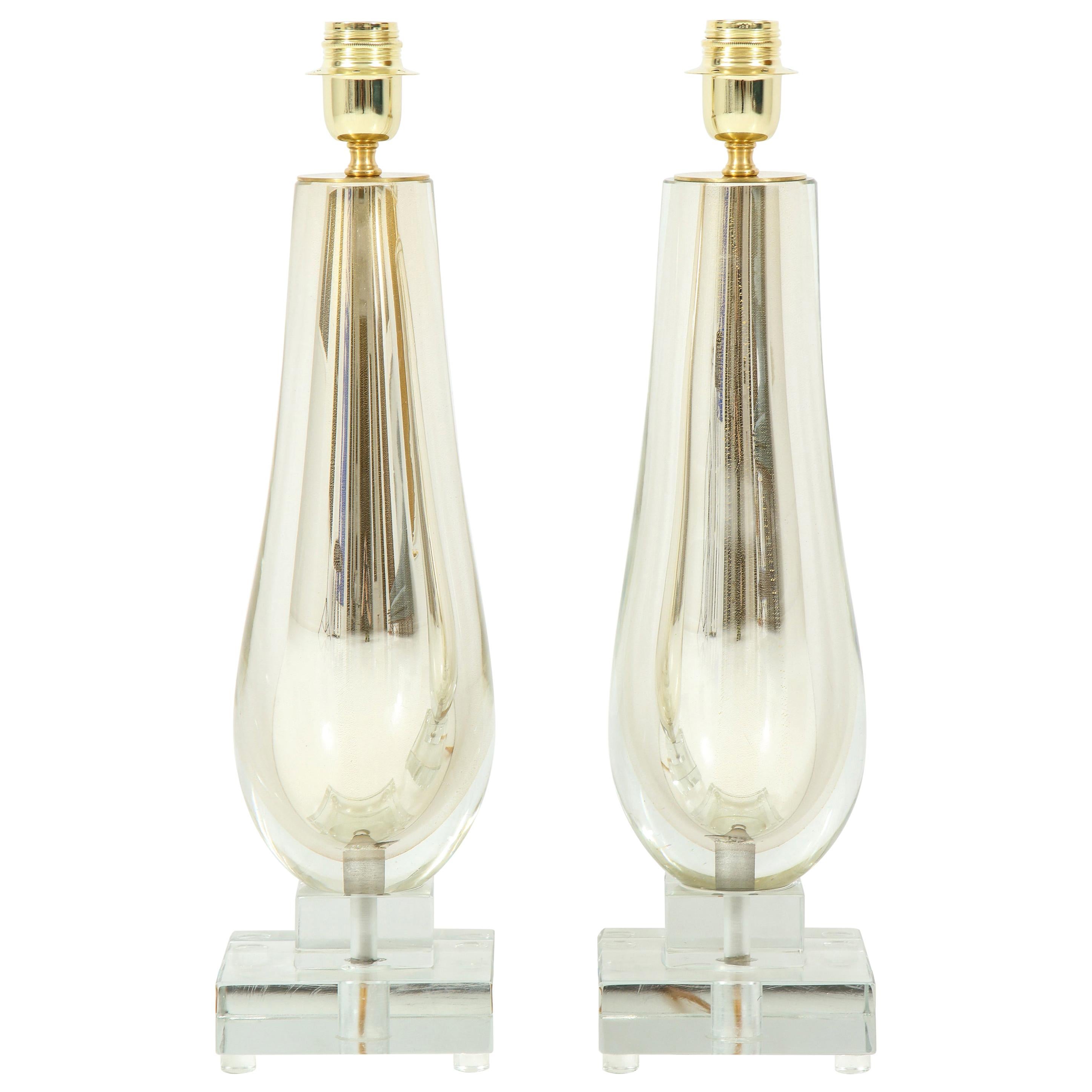 Pair of Clear and Gold Mirrored Murano Glass Lamps, Italy