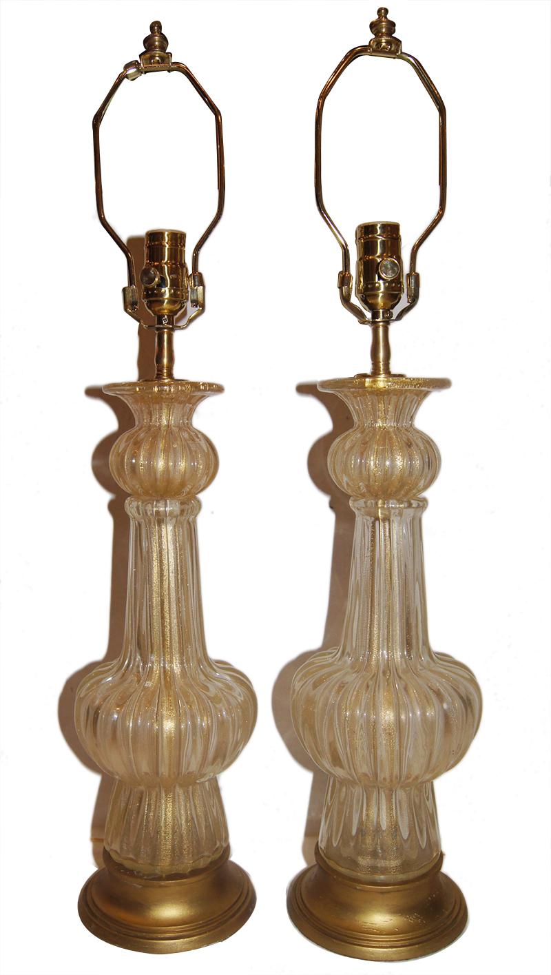 Mid-20th Century Pair of Clear and Gold Murano Table Lamps