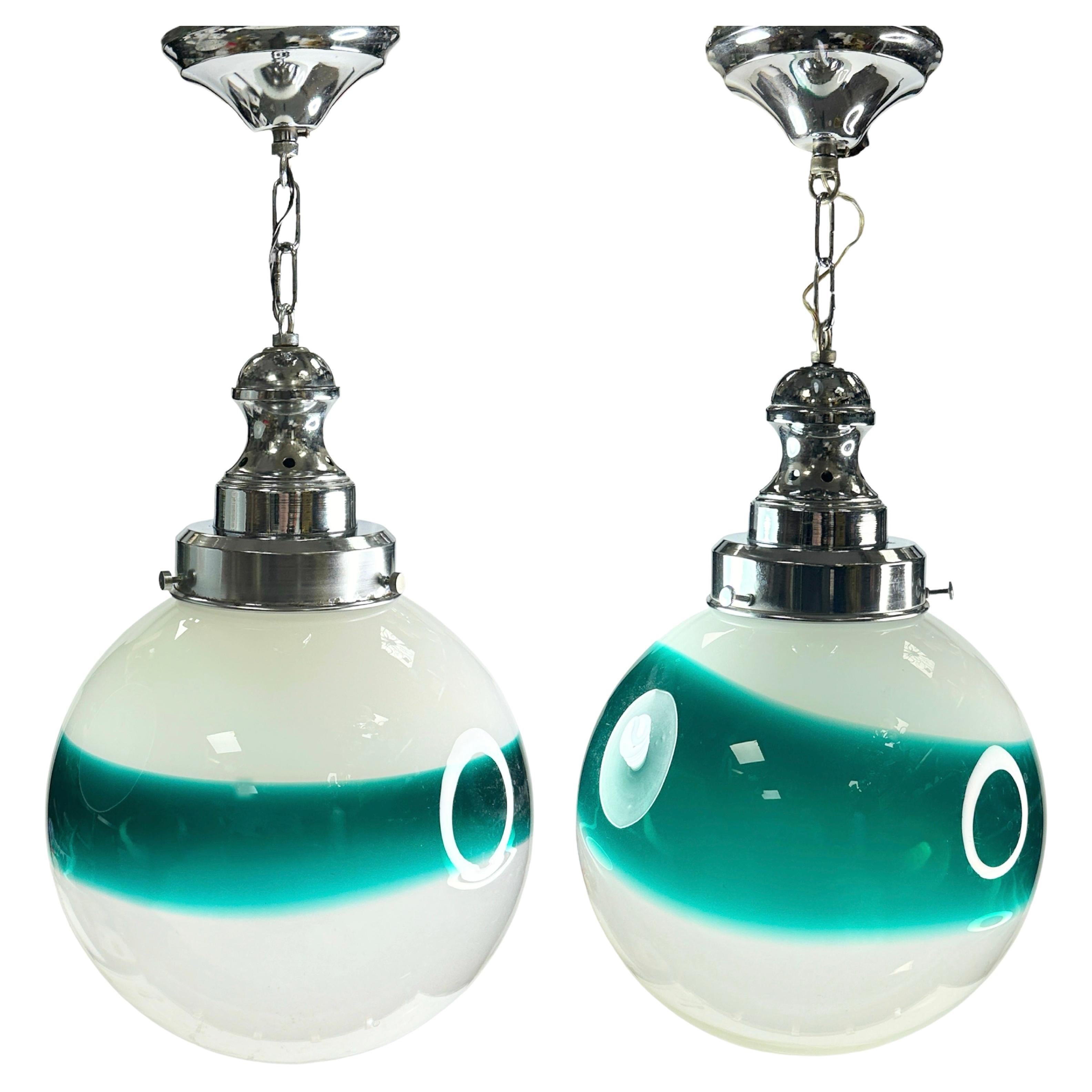 Pair of Clear and Green Glass Ball Ceiling Light Pendants Italy 1970s