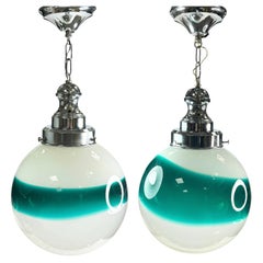 Retro Pair of Clear and Green Glass Ball Ceiling Light Pendants Italy 1970s