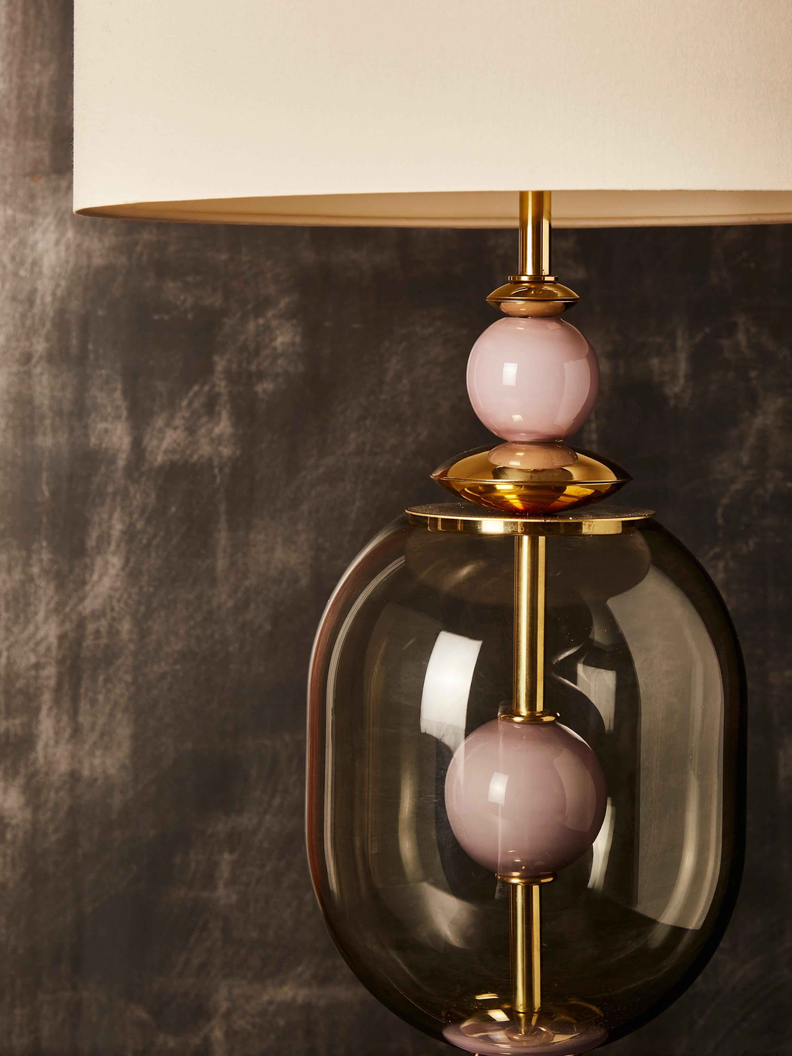 Italian Pair of Clear and Pink Murano Glass and Brass Table Lamps