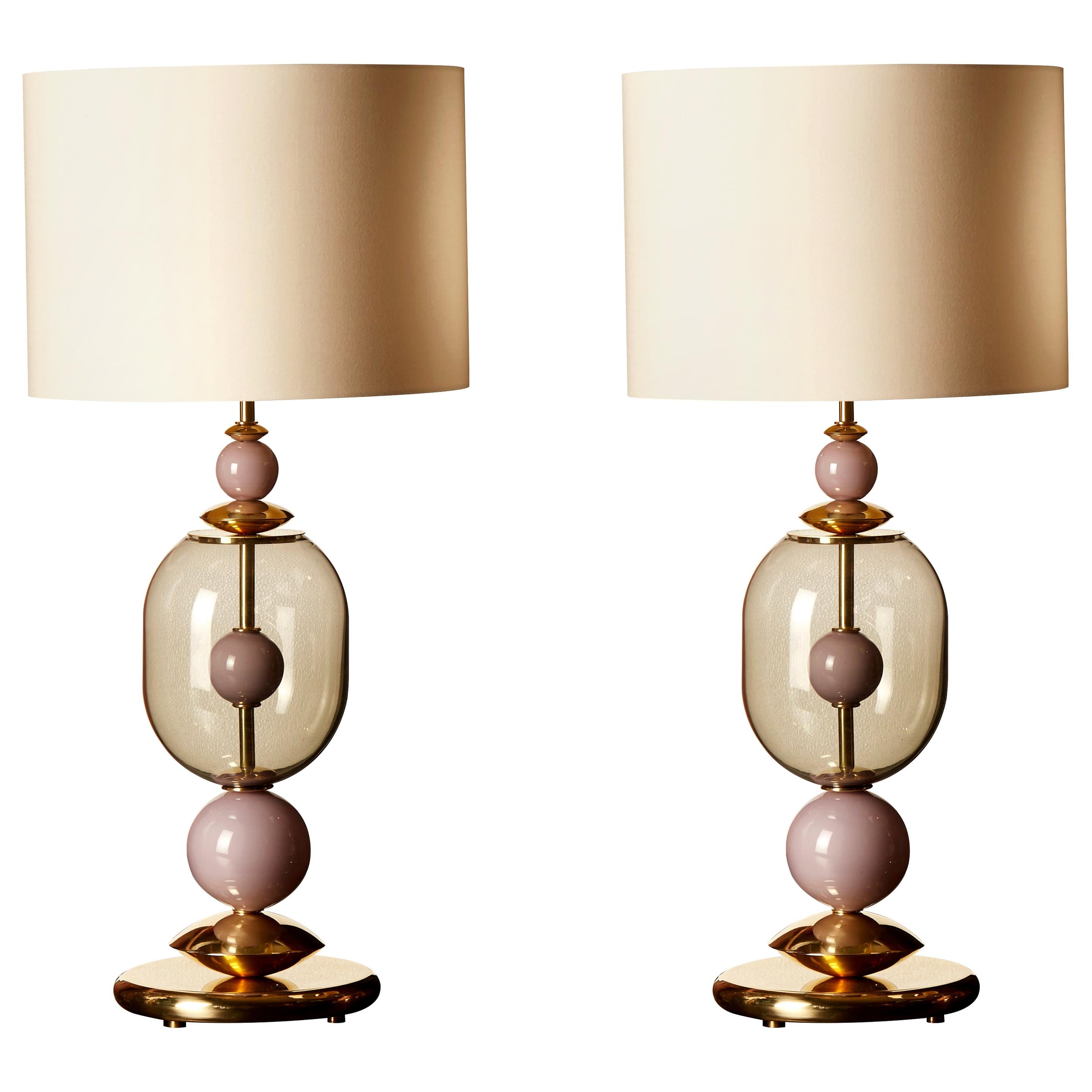 Pair of Clear and Pink Murano Glass and Brass Table Lamps