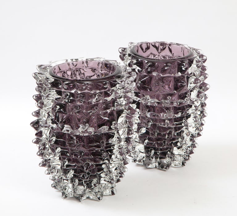 Pair of Clear and Purple Rostrato Murano Glass Vases by Toso, Italy 2022, Signed For Sale 3