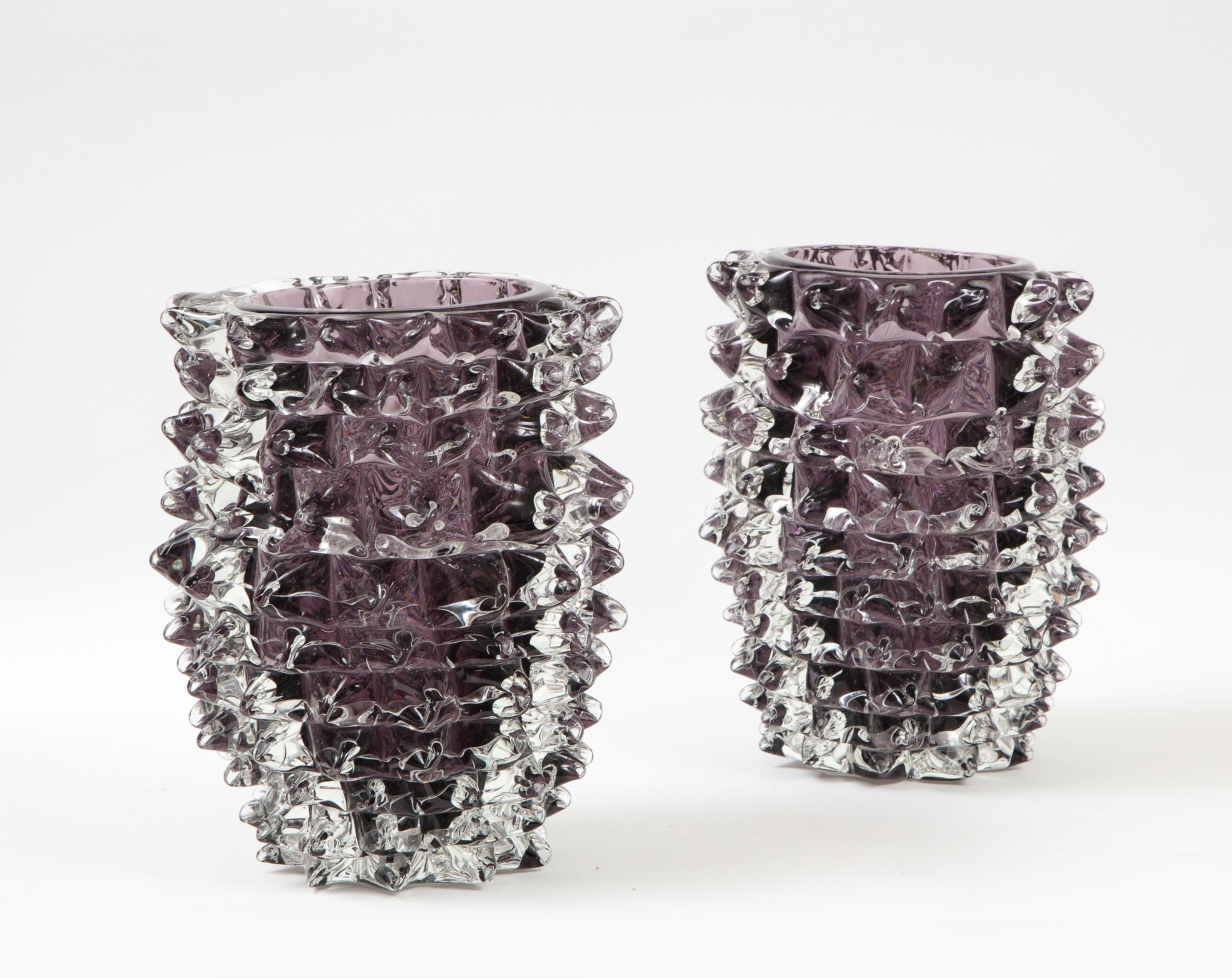 Pair of Clear and Purple Rostrato Murano Glass Vases by Toso, Italy 2022, Signed For Sale 4