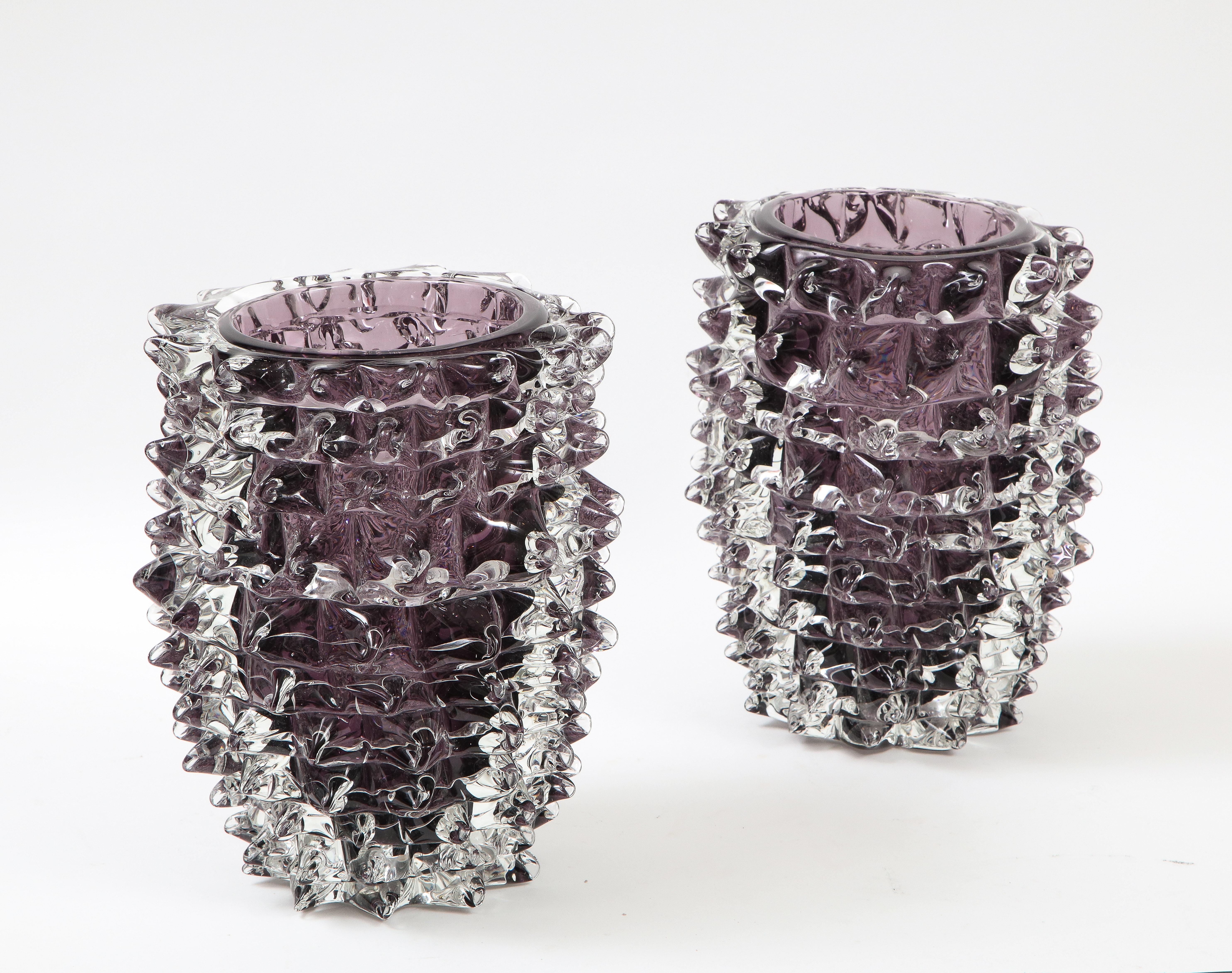 Pair of Clear and Purple Rostrato Murano Glass Vases by Toso, Italy 2022, Signed For Sale 5