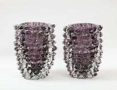 Pareja de jarrones de cristal de Murano Rostrato púrpura berenjena de Toso, Italia, Firmados