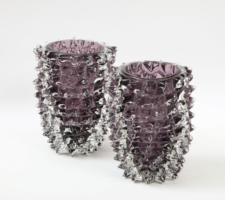 Hand-Crafted Pair of Clear and Purple Rostrato Murano Glass Vases by Toso, Italy 2022, Signed For Sale