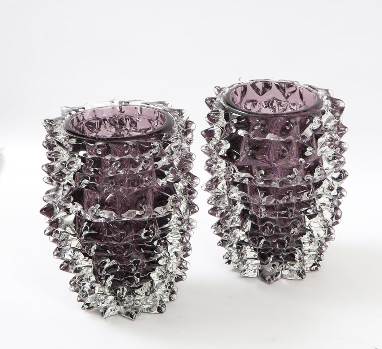 Pair of Clear and Purple Rostrato Murano Glass Vases by Toso, Italy 2022, Signed For Sale 2