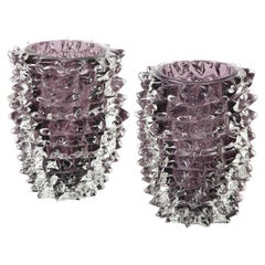 Pair of Clear and Purple Rostrato Murano Glass Vases by Toso, Italy 2022, Signed