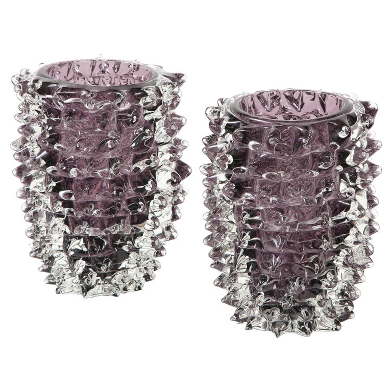 Pair of Clear and Purple Rostrato Murano Glass Vases by Toso, Italy 2022, Signed For Sale
