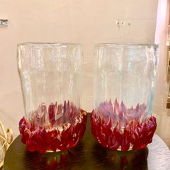Pair of Clear and Red Ruby Murano Glass Vases Signed by Costantini, 1980s