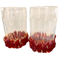 Retro Pair of Clear and Red Ruby Murano Glass Vases Signed by Costantini, 1980s