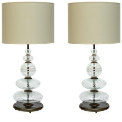 Pair of Clear and Swirled Murano Glass Table Lamps