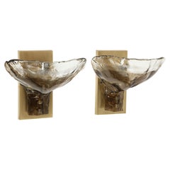 Pair of Clear and Tobacco Murano Glass Sconces by Mazzega