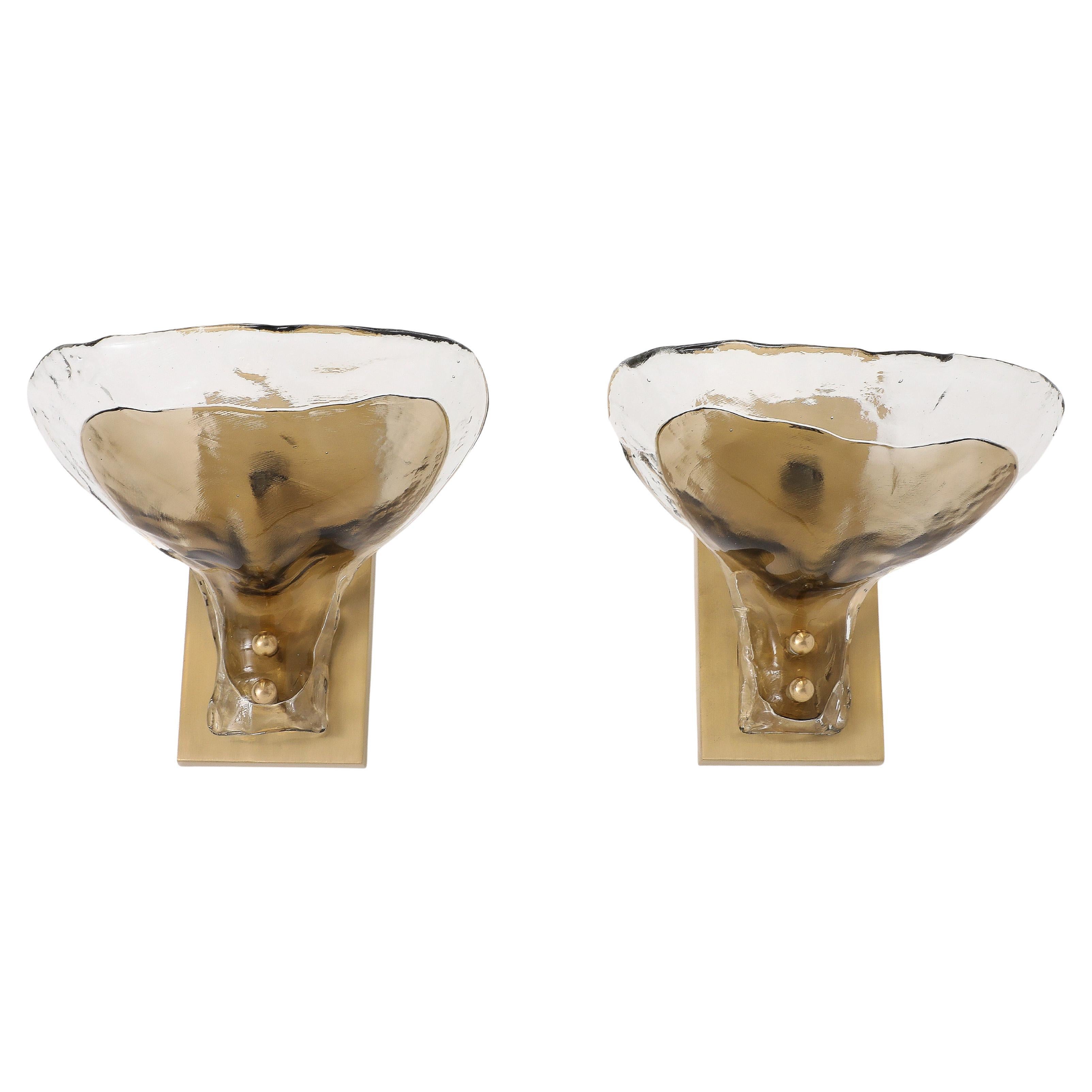 Coppia di lampade in vetro di Murano trasparente e tabacco di Mazzega Murano (due coppie disponibili)