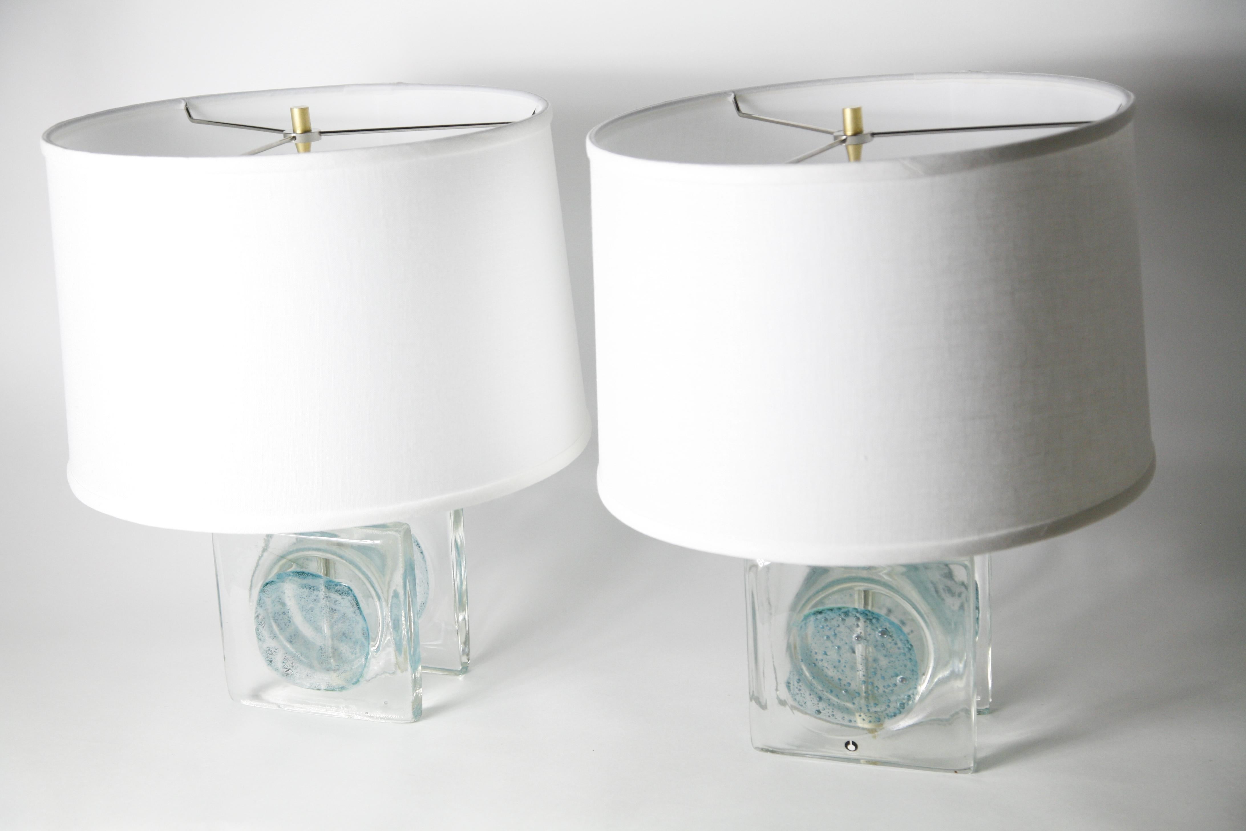 Pair of Clear Aqua Blue/Green Block Glass Table Lamps by Pukeberg, Sweden, 1970 2