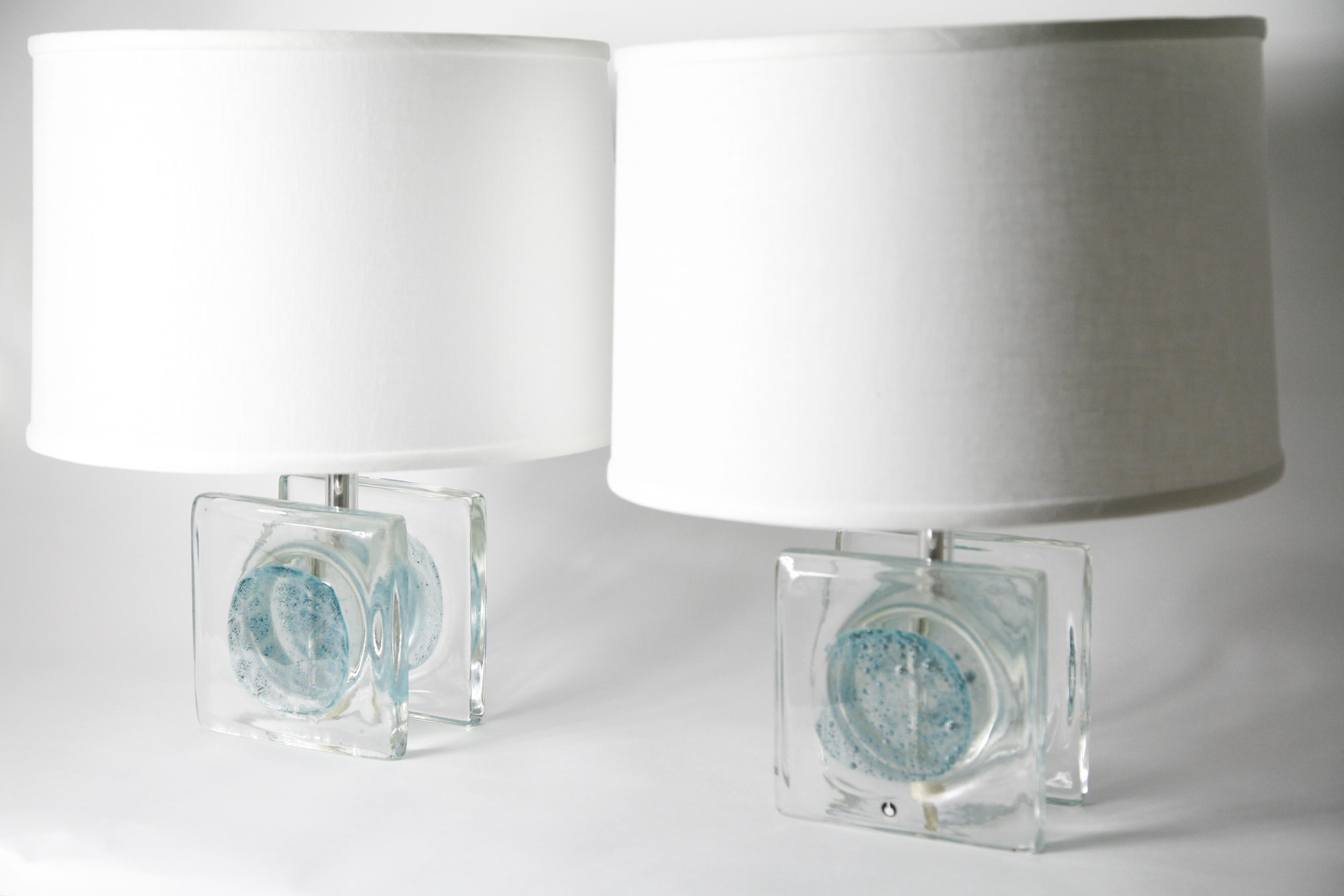 Pair of Clear Aqua Blue/Green Block Glass Table Lamps by Pukeberg, Sweden, 1970 3