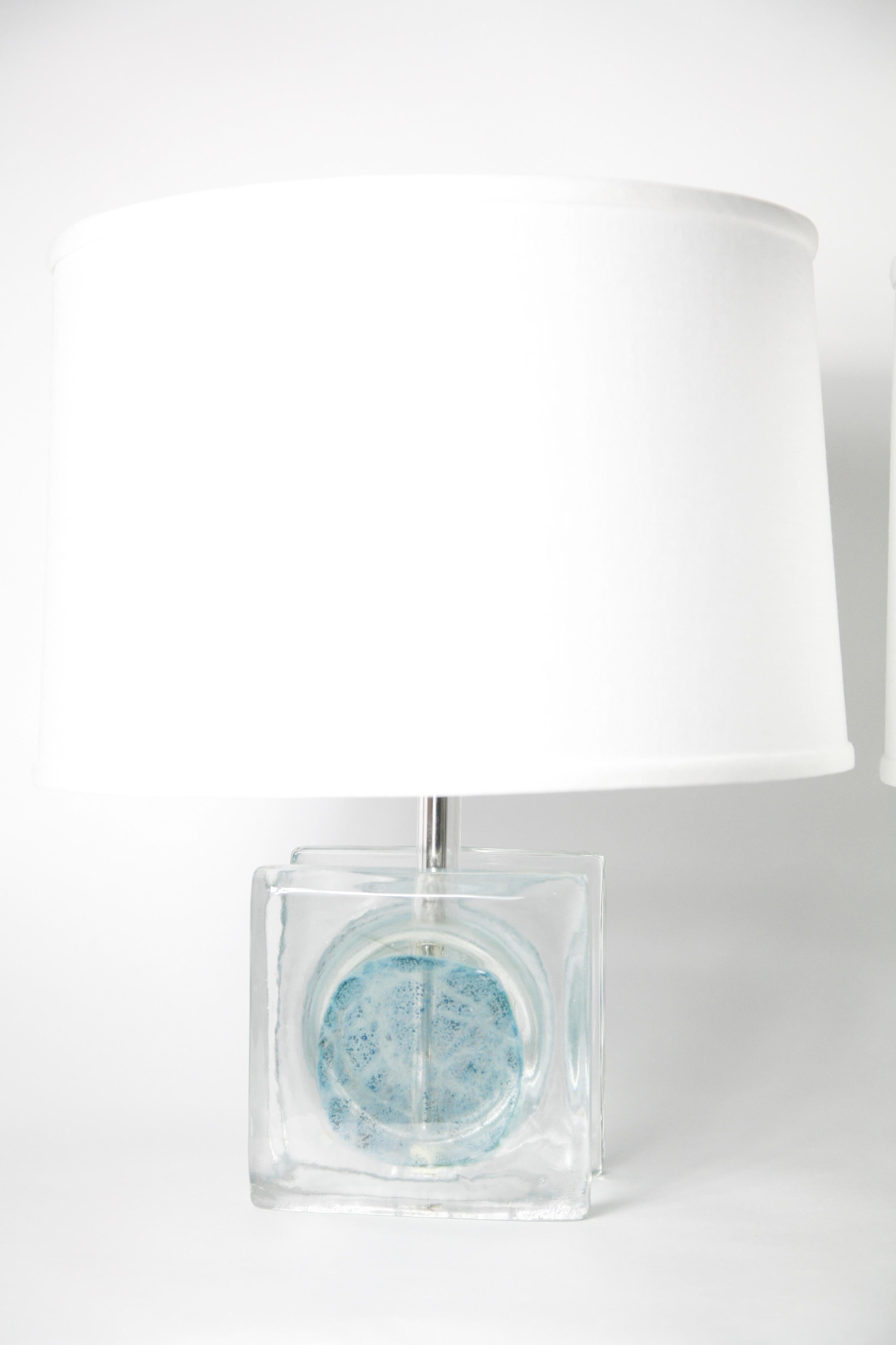 Pair of Clear Aqua Blue/Green Block Glass Table Lamps by Pukeberg, Sweden, 1970 4