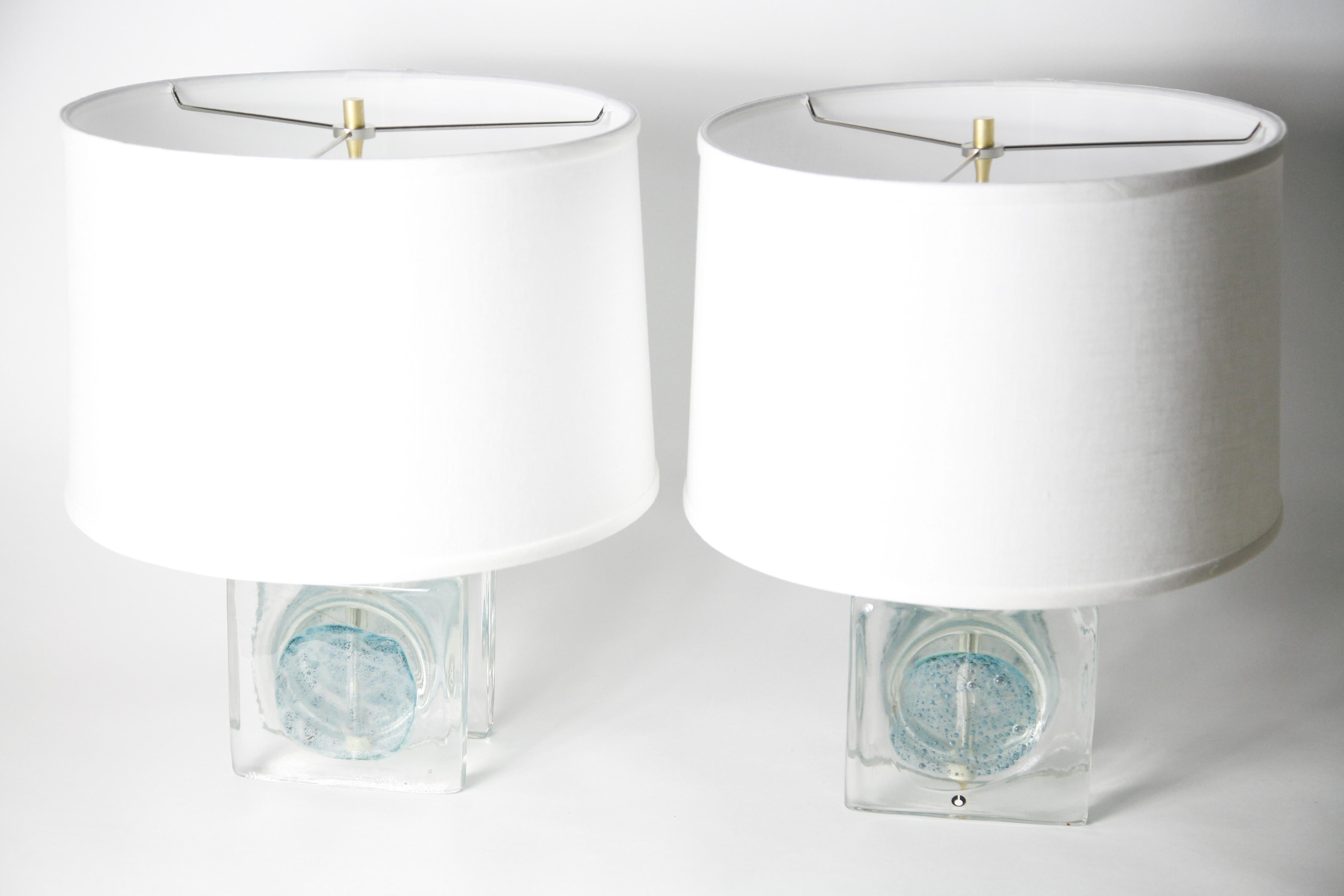 Pair of Clear Aqua Blue/Green Block Glass Table Lamps by Pukeberg, Sweden, 1970 5