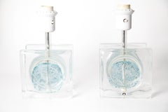 Pair of Clear Aqua Blue/Green Block Glass Table Lamps by Pukeberg, Sweden, 1970