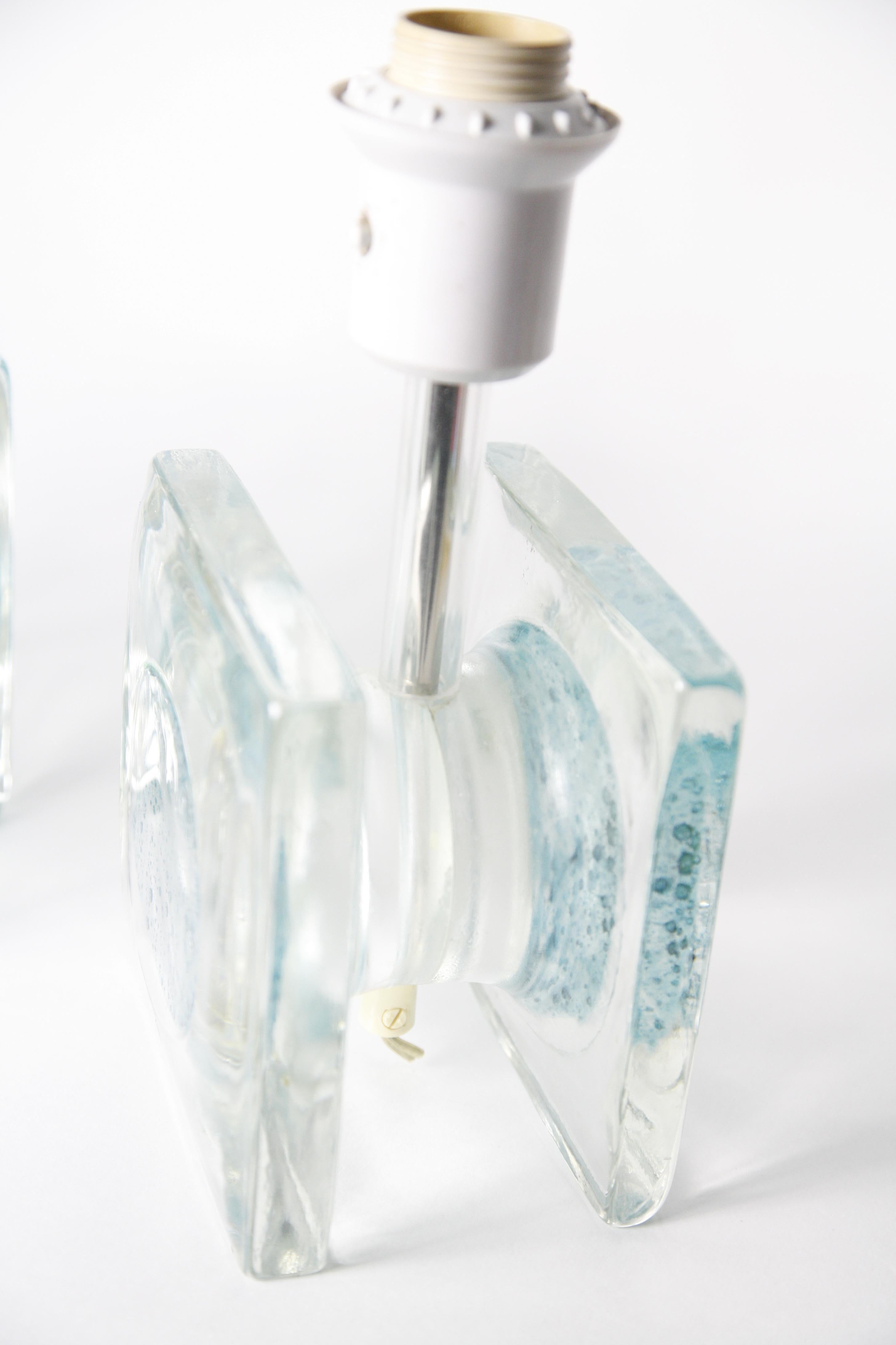 Cast Pair of Clear Aqua Blue/Green Block Glass Table Lamps by Pukeberg, Sweden, 1970