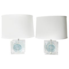 Pair of Clear Aqua Blue/Green Block Glass Table Lamps by Pukeberg, Sweden, 1970