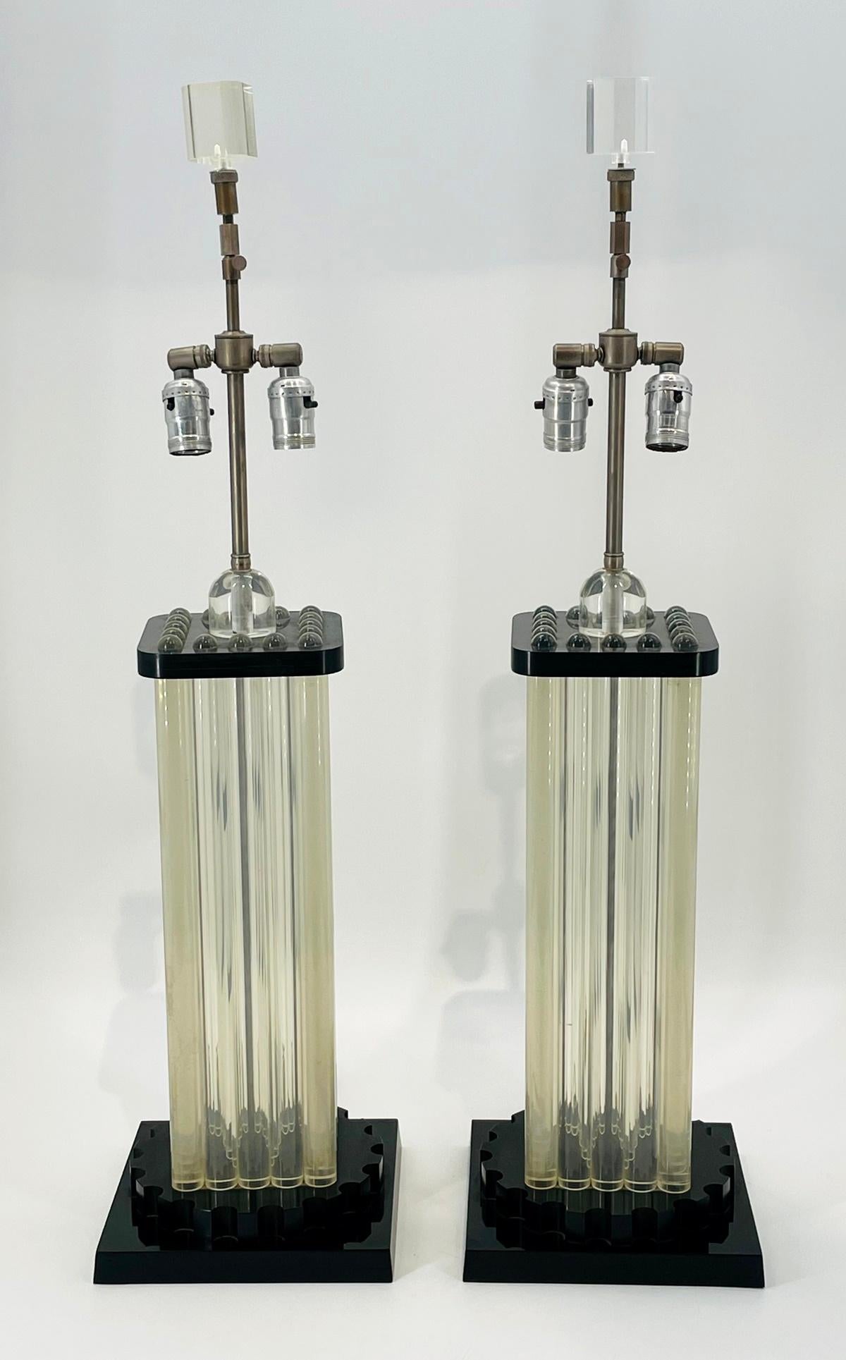American Pair of Clear & Black Lucite Lamps, USA 1960's For Sale