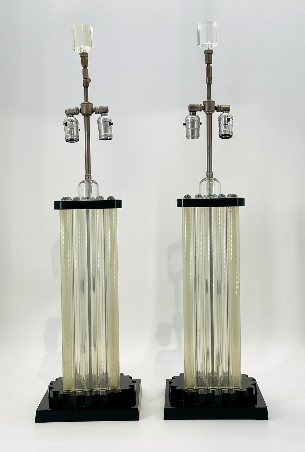 Pair of Clear & Black Lucite Lamps, USA 1960's In Good Condition For Sale In Los Angeles, CA