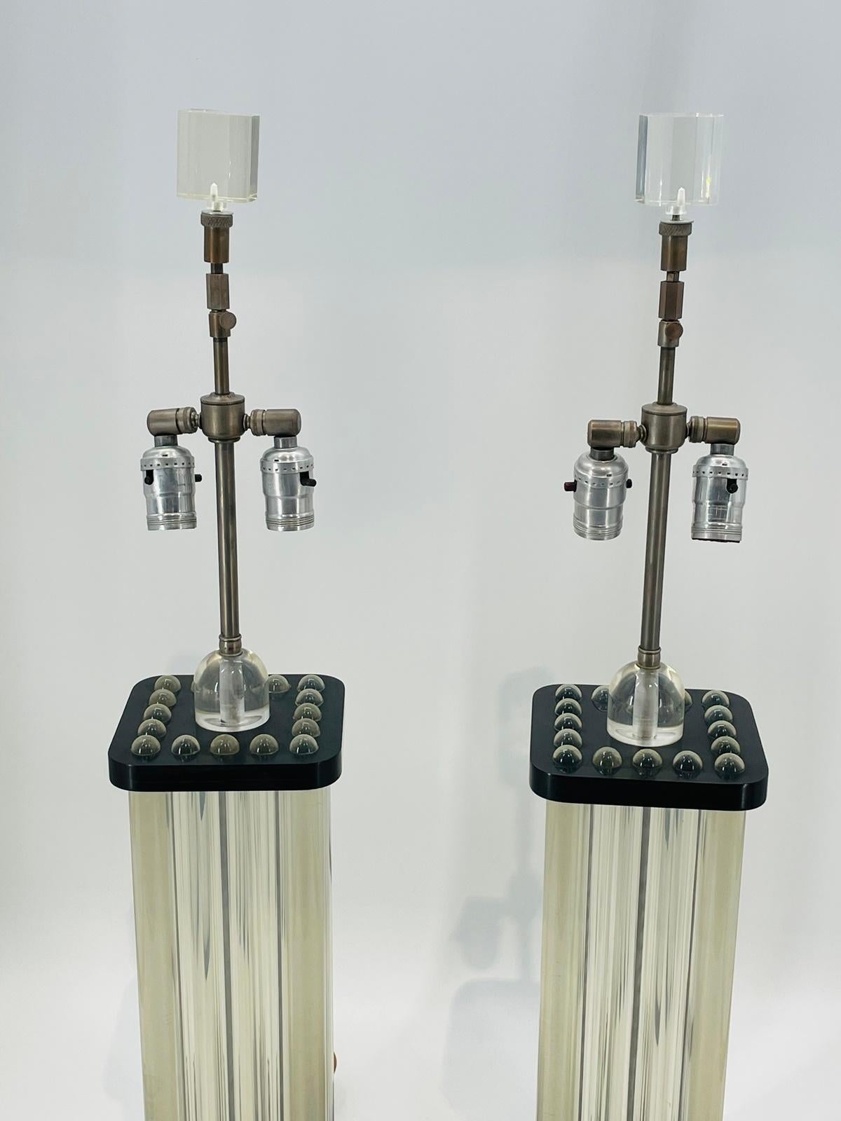 Mid-20th Century Pair of Clear & Black Lucite Lamps, USA 1960's For Sale