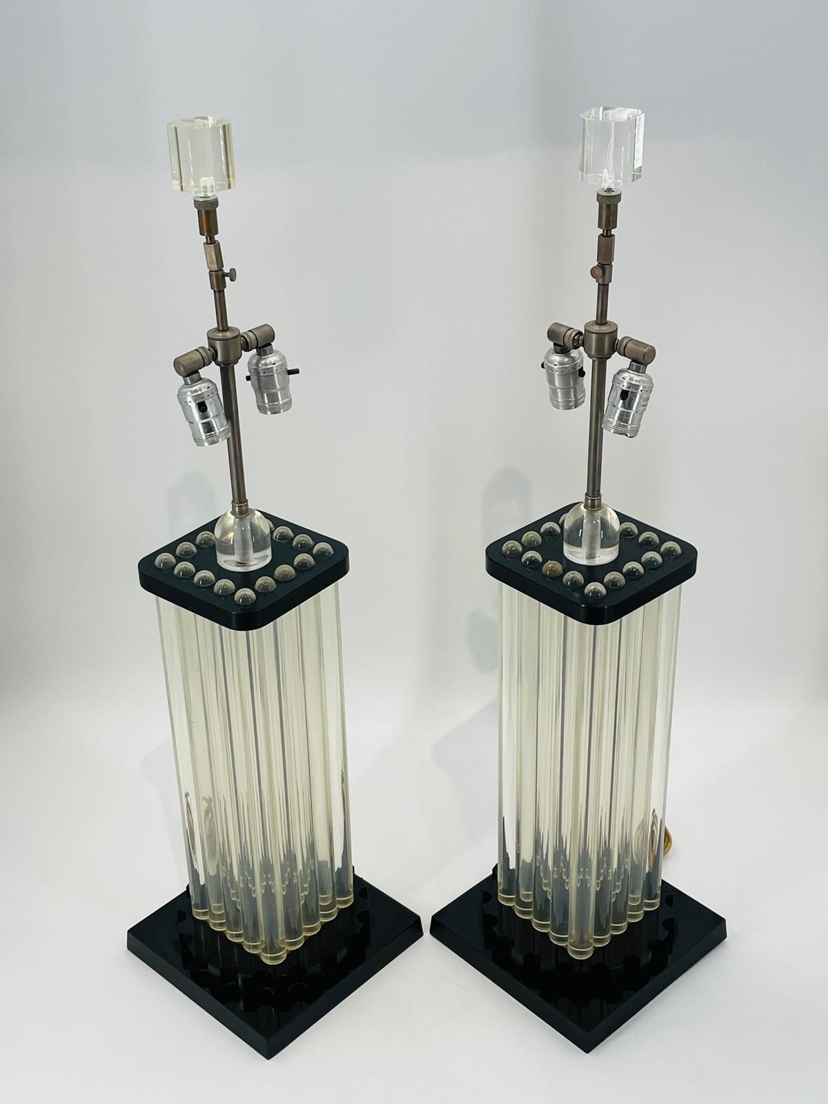 Pair of Clear & Black Lucite Lamps, USA 1960's For Sale 2
