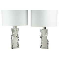 Pair of Clear Crystal Orrefors Lamps, Olle Alberius, Sweden, 1970