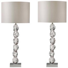 Pair of Clear Crystal Rock Table Lamps with Silk Lamp Shades