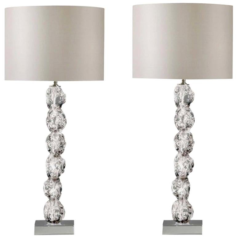 Pair of Clear Crystal Rock Table Lamps with Silk Lamp Shades