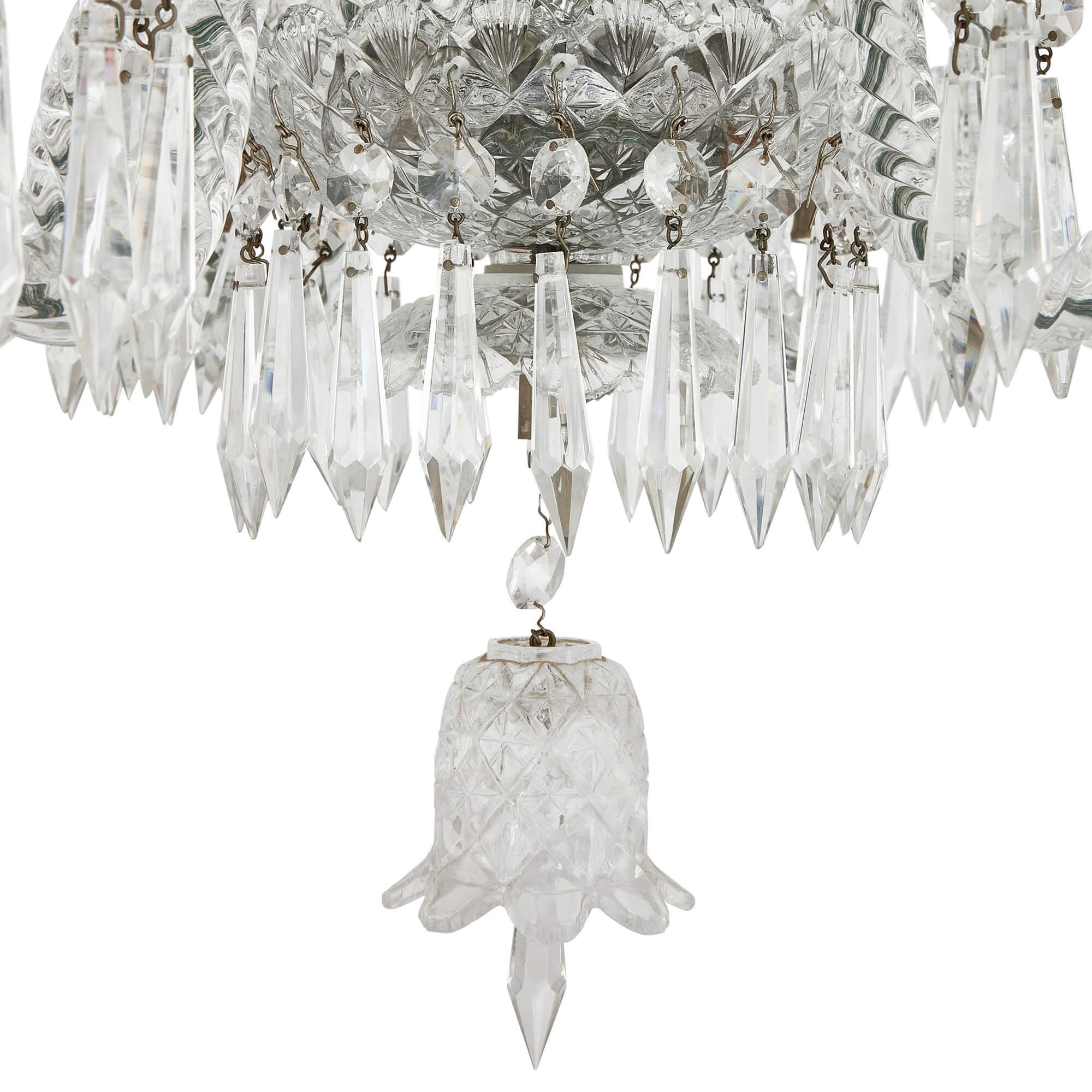 European Pair of Clear Cut and Etched Glass 6-light Chandeliers For Sale