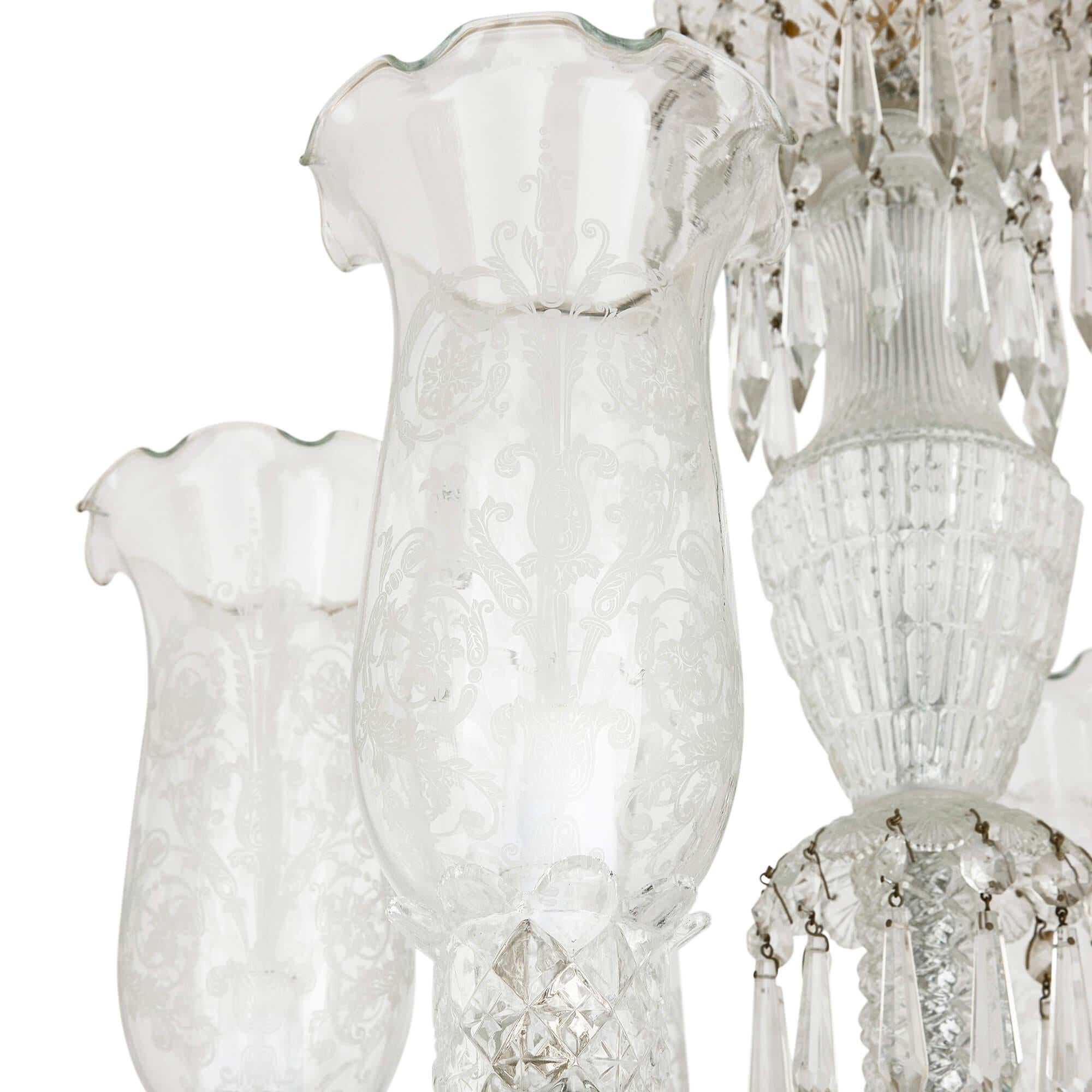 Pair of Clear Cut and Etched Glass 6-light Chandeliers In Good Condition For Sale In London, GB