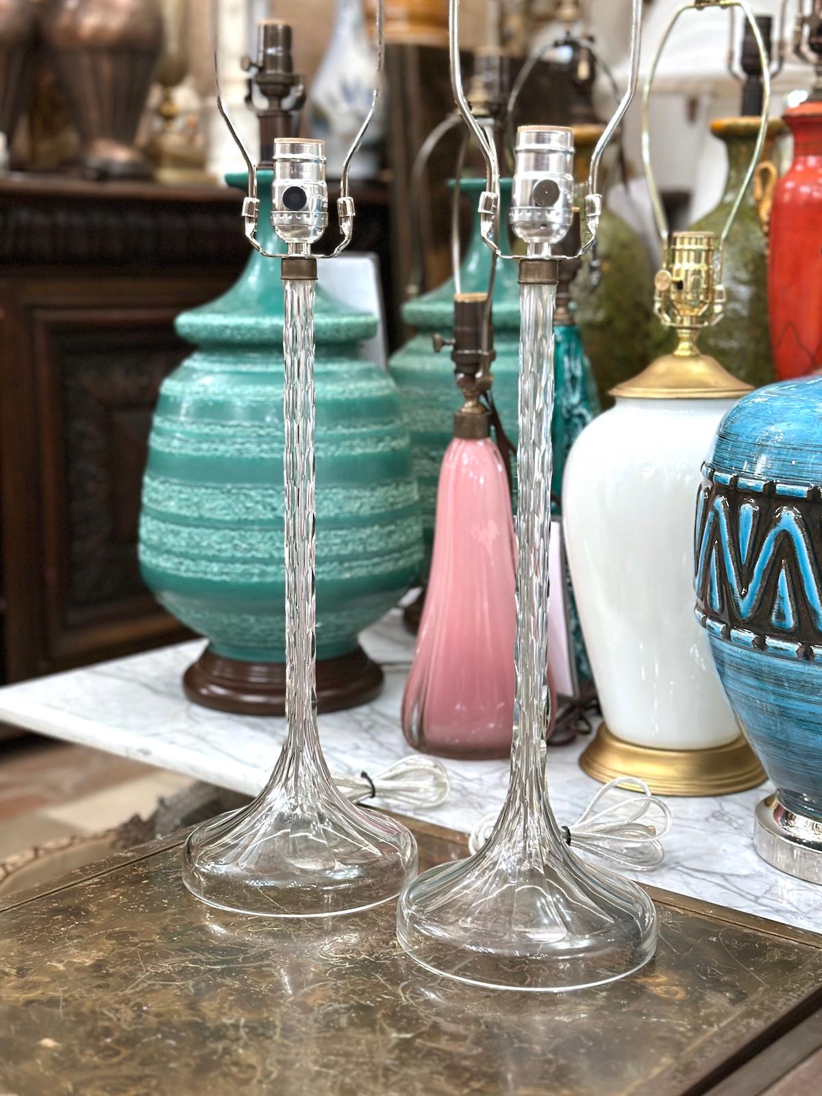 French Pair of Clear Cut Glass Lamps For Sale