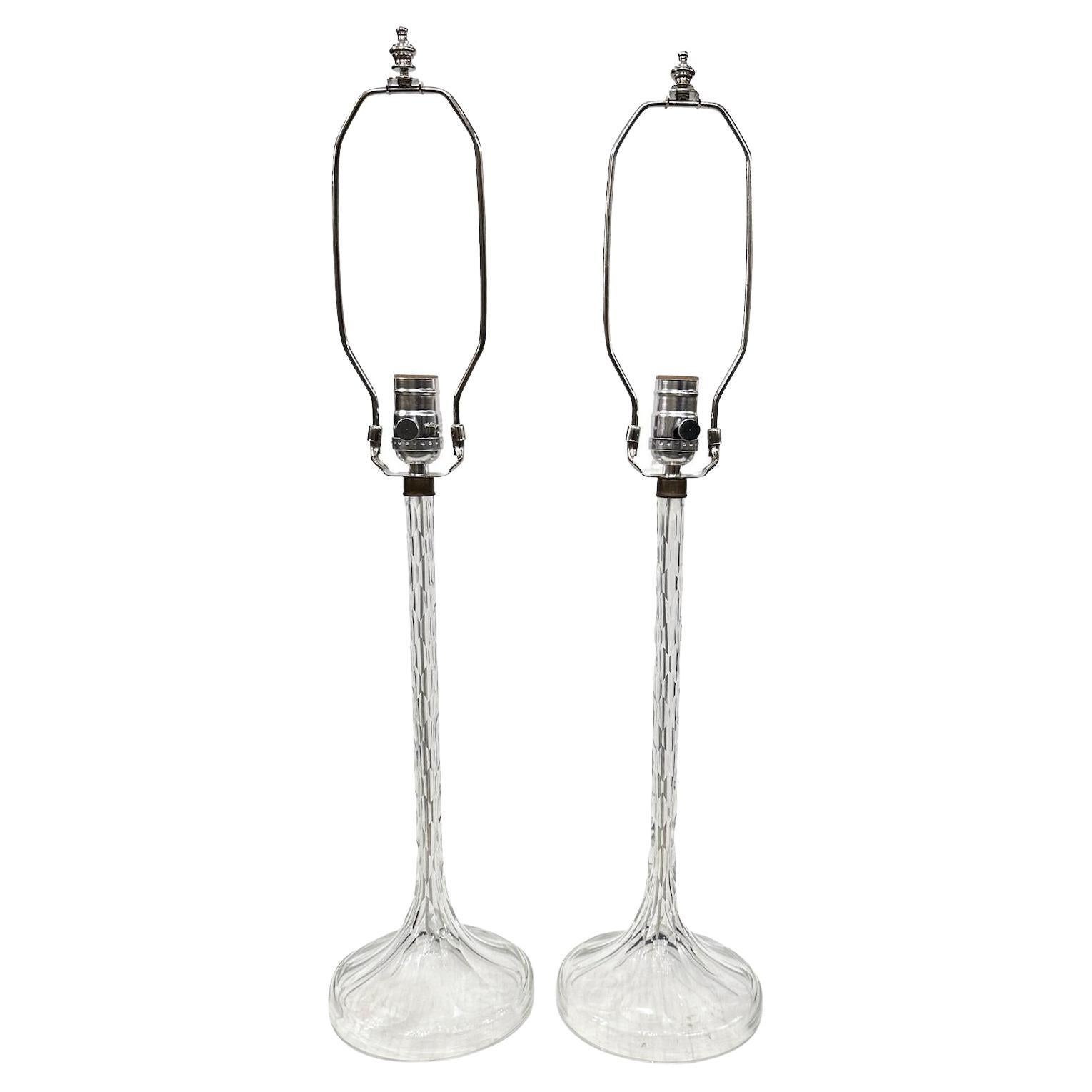 Pair of Clear Cut Glass Lamps For Sale