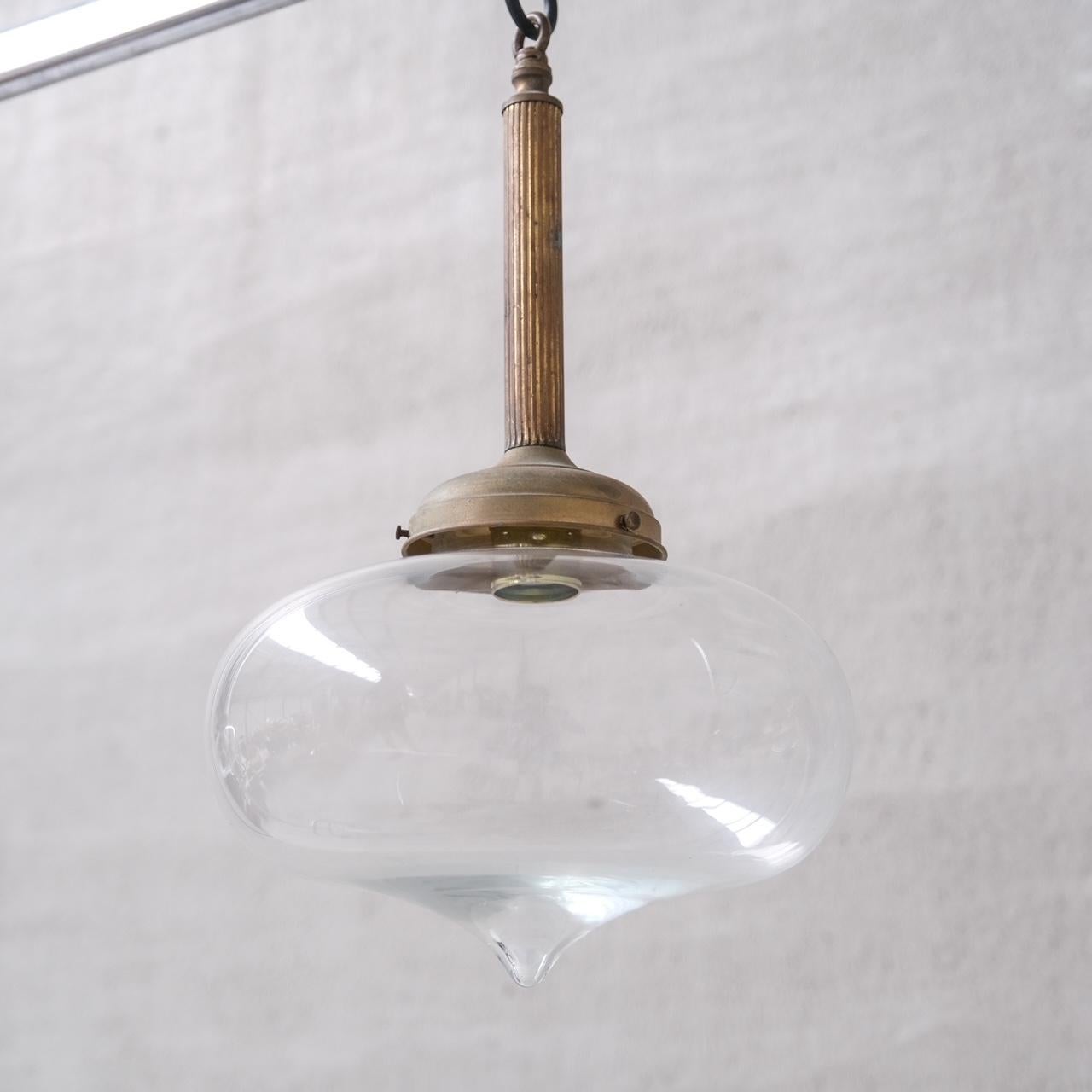 Pair of Clear Glass and Brass Mid-Century Teardrop Pendant Lights For Sale 3