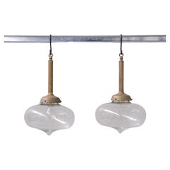 Vintage Pair of Clear Glass and Brass Mid-Century Teardrop Pendant Lights