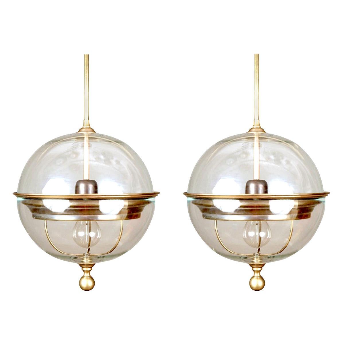 Clear Glass Brass Trimmed Globe Shaped Pair Pendant Lights, Italy, Contemporary