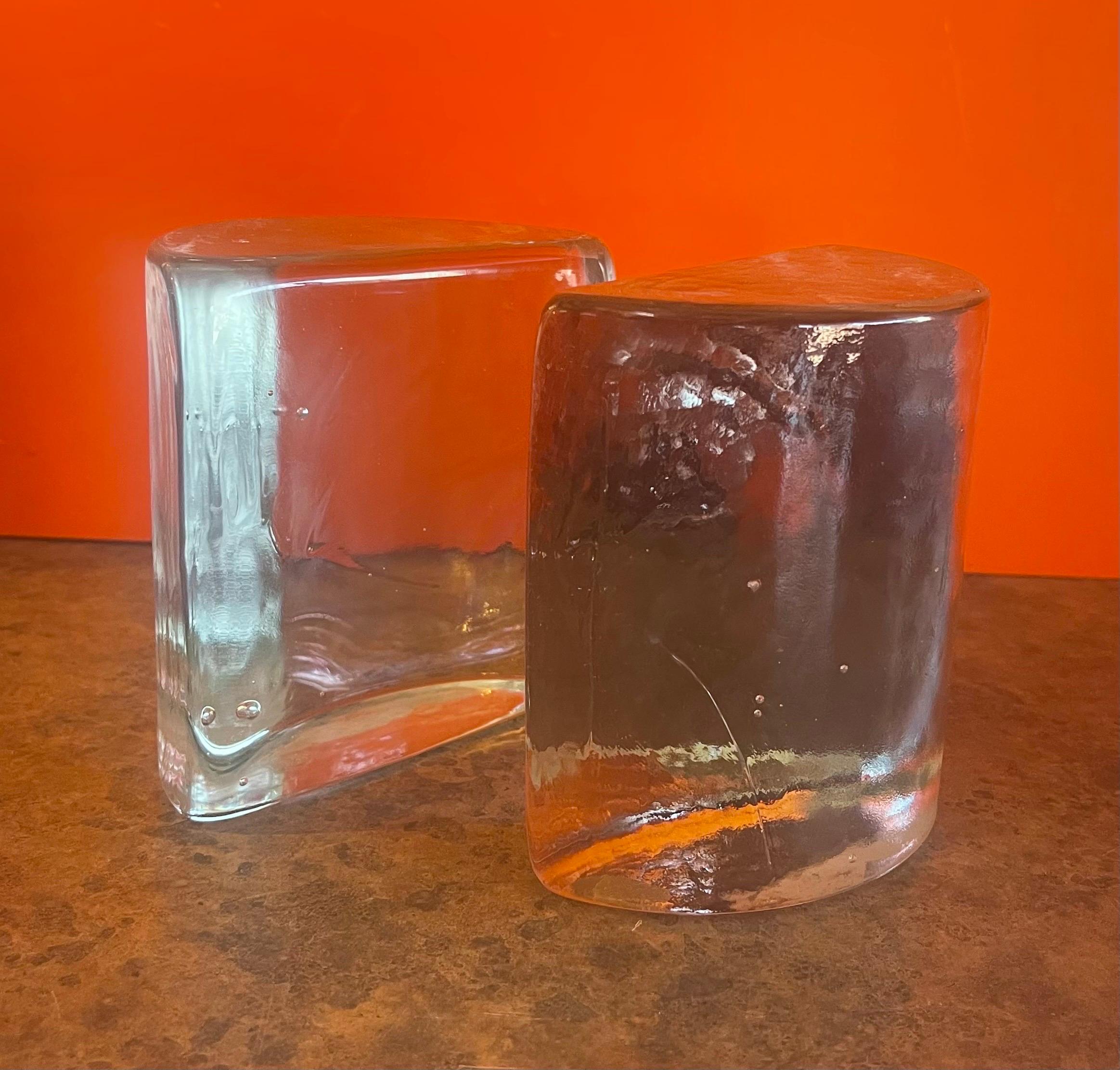 Pair of Clear Glass Half Moon Glass Bookends by Wayne Husted for Blenko For Sale 1